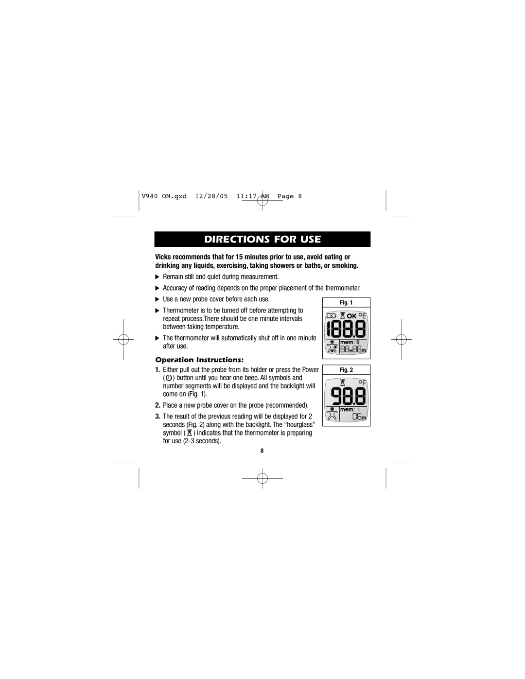 Vicks V940 instruction manual Directions for USE, Operation Instructions 