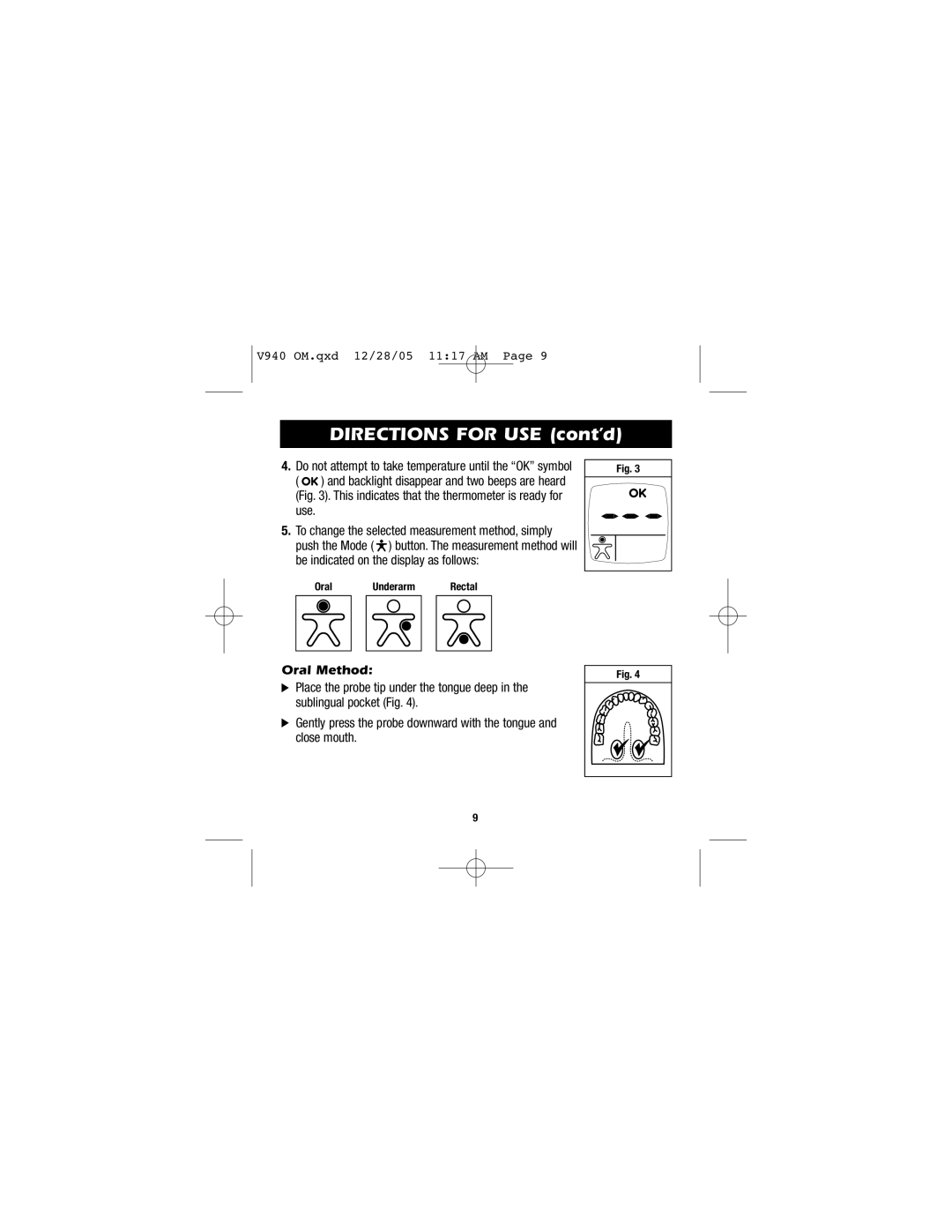 Vicks V940 instruction manual Directions for USE cont’d, Oral Method 