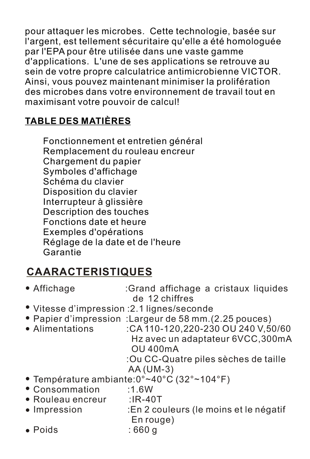 Victor 1210-3A instruction manual Caaracteristiques, Table DES Matières 