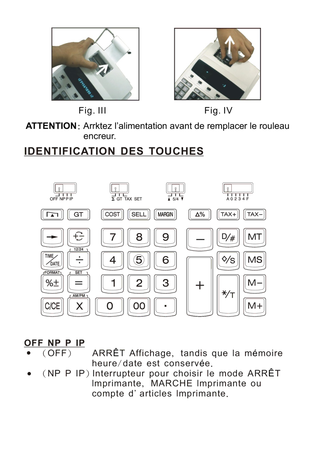 Victor 1210-3A instruction manual Identification DES Touches, Off Np P Ip 