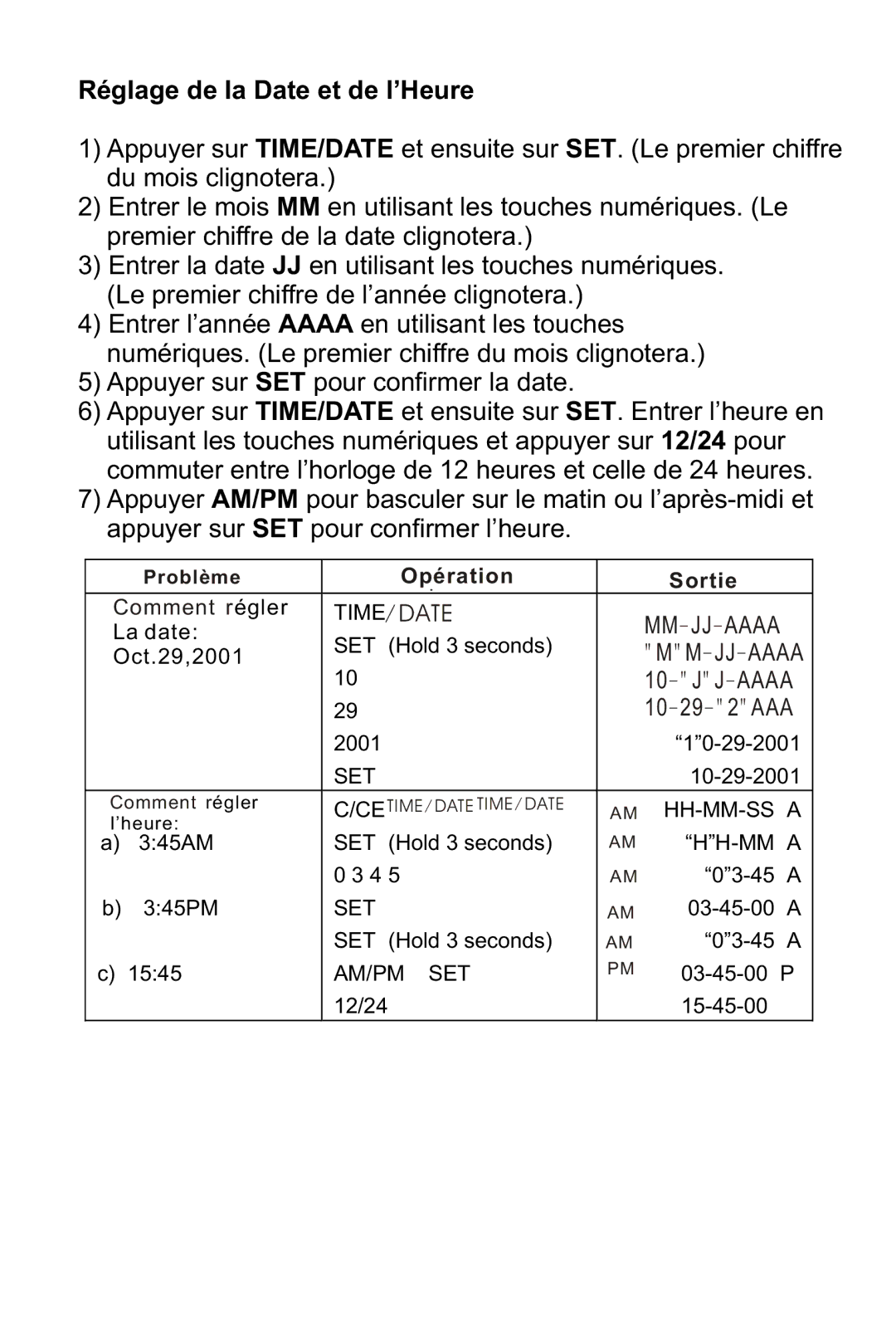 Victor 1210-3A instruction manual Réglage de la Date et de l’Heure 