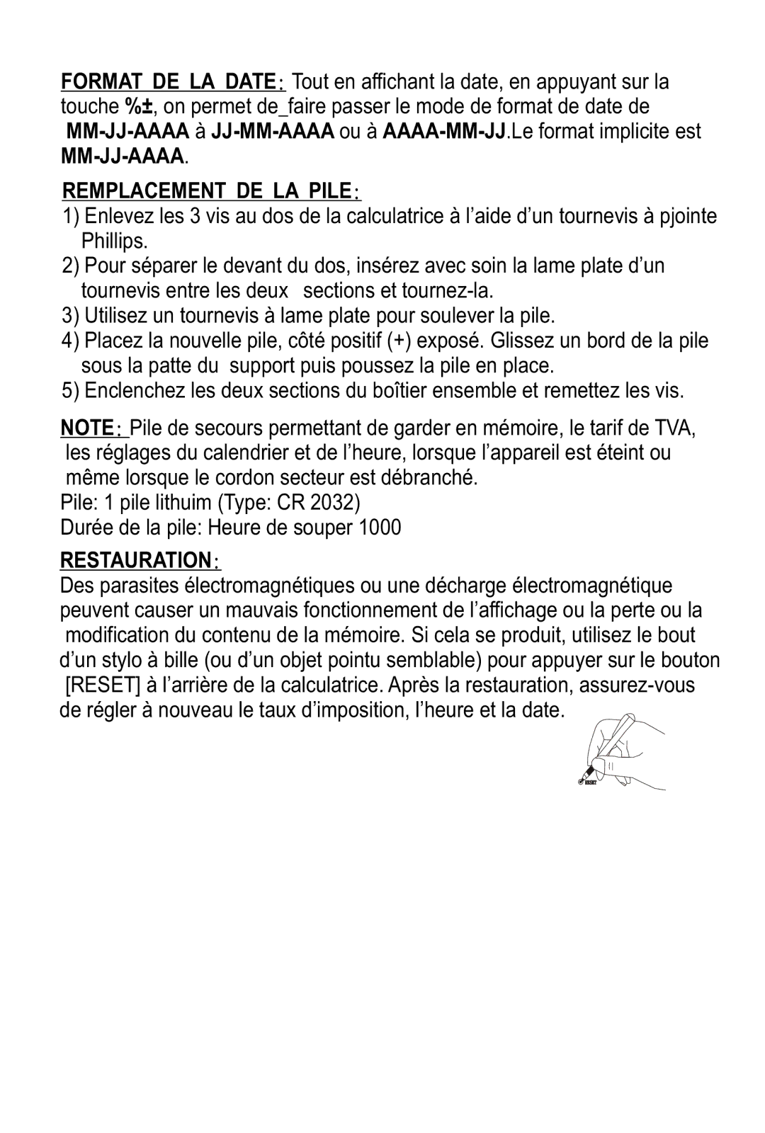 Victor 1210-3A instruction manual Remplacement DE LA Pile, Restauration 