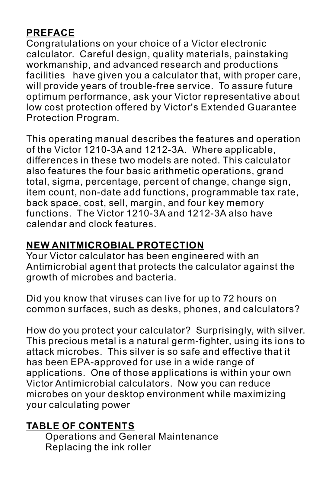 Victor 1210-3A instruction manual Preface, NEW Anitmicrobial Protection, Table of Contents 