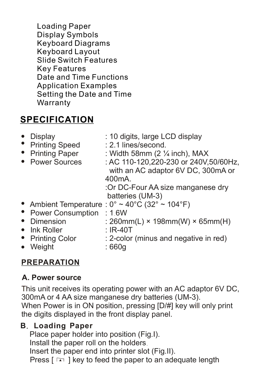 Victor 1210-3A instruction manual Preparation, Power source, Loading Paper 