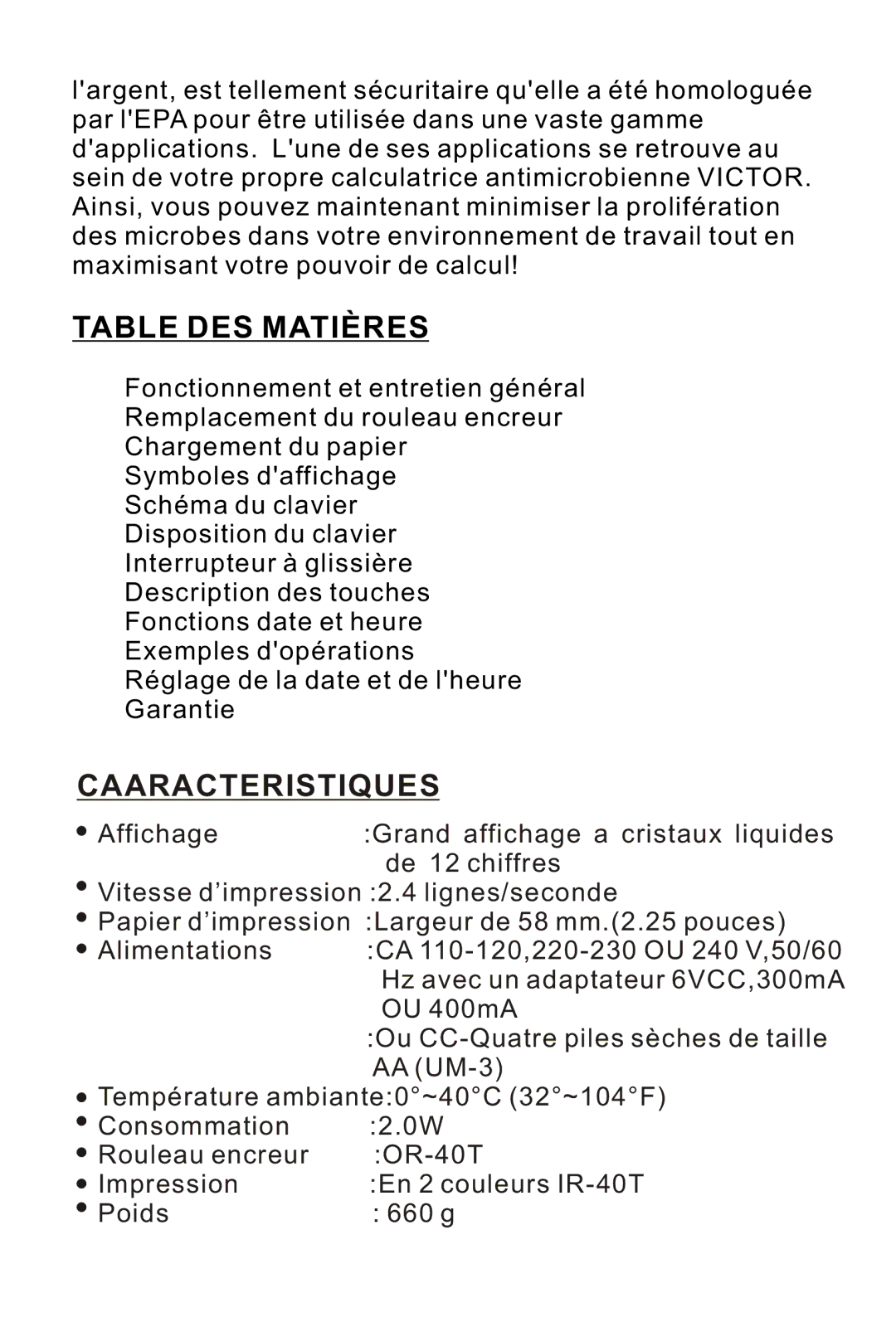 Victor 1212-3A instruction manual Table DES Matières, Caaracteristiques 