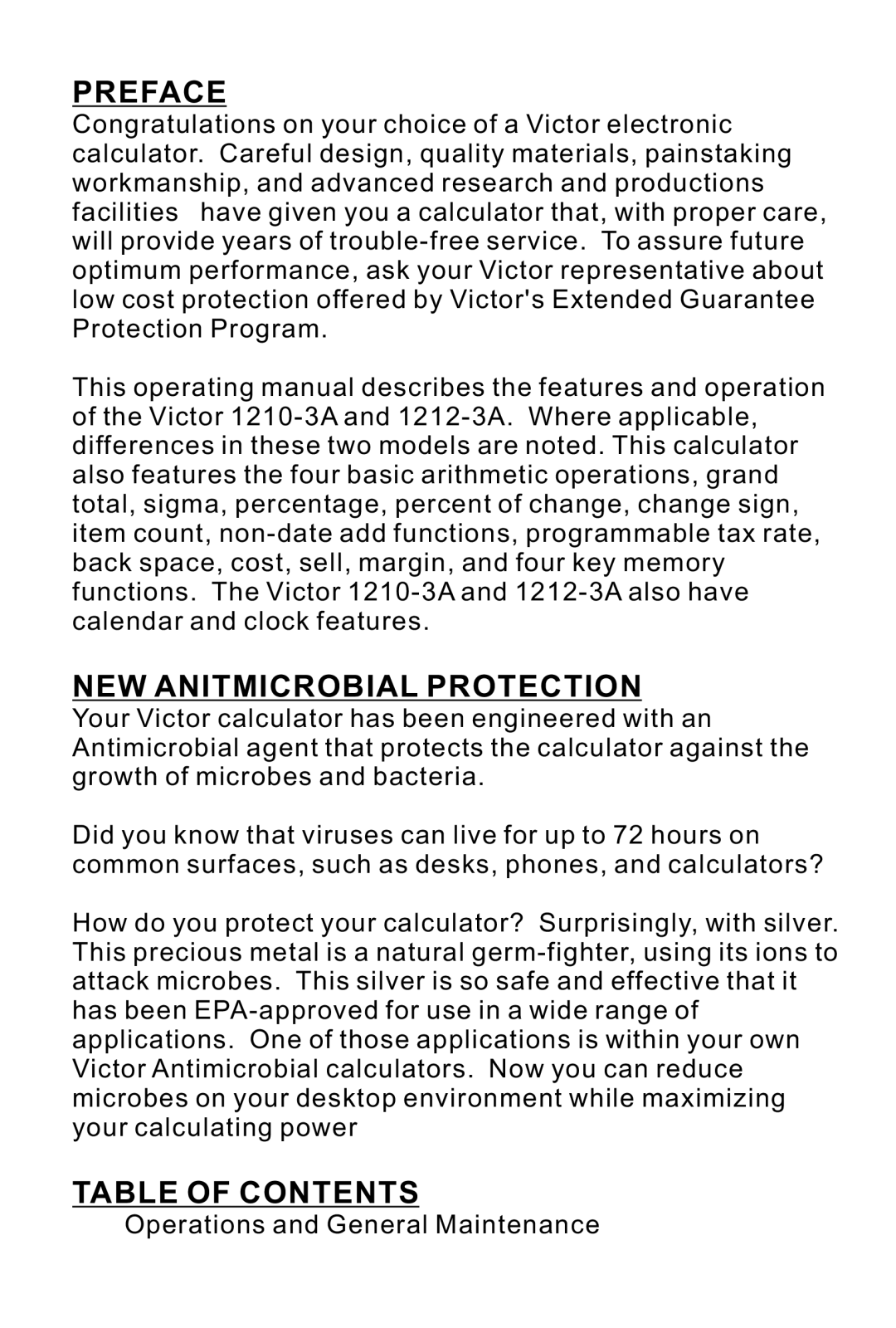 Victor 1212-3A instruction manual Preface, NEW Anitmicrobial Protection, Table of Contents 