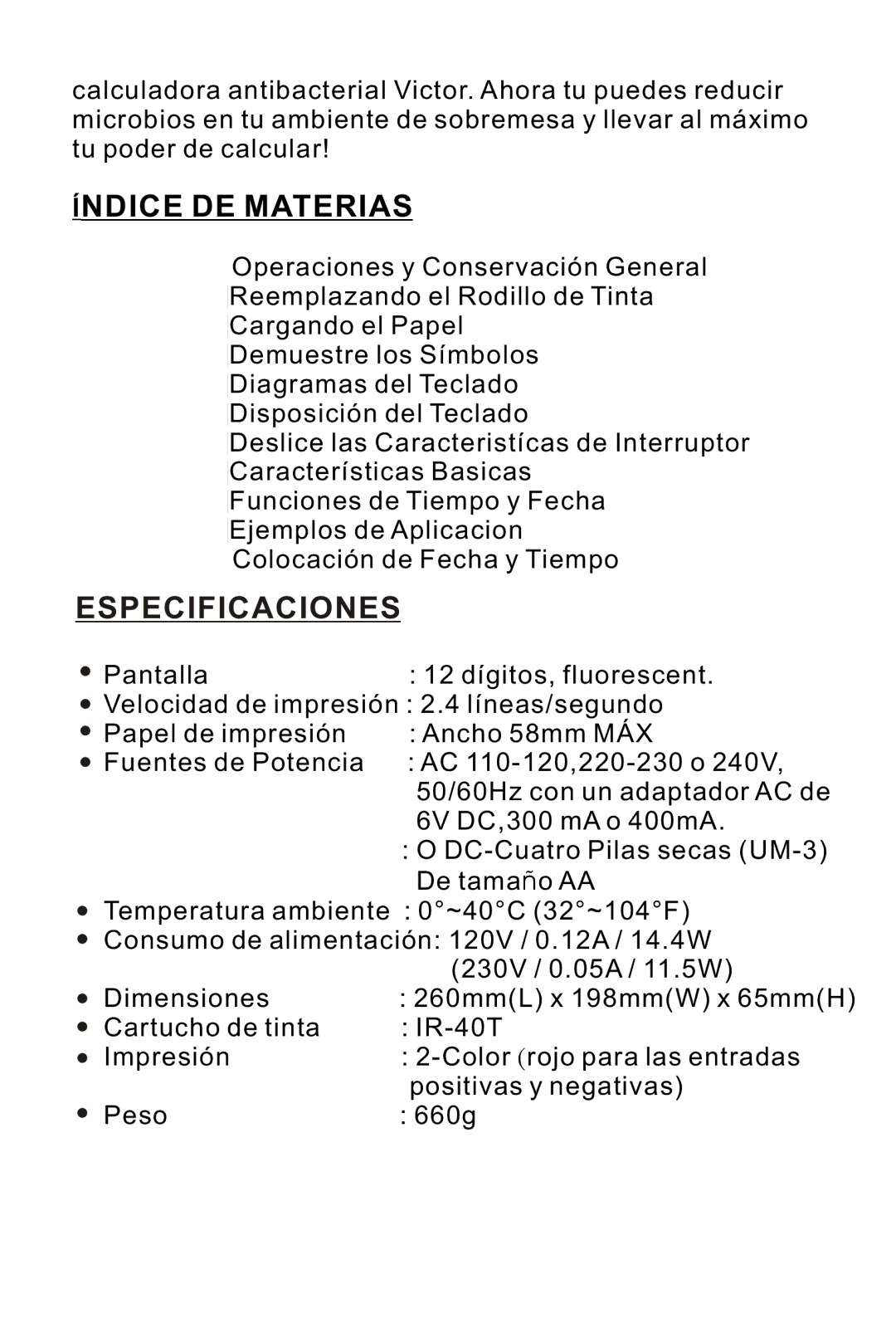 Victor 1212-3A instruction manual Índice DE Materias, Especificaciones 