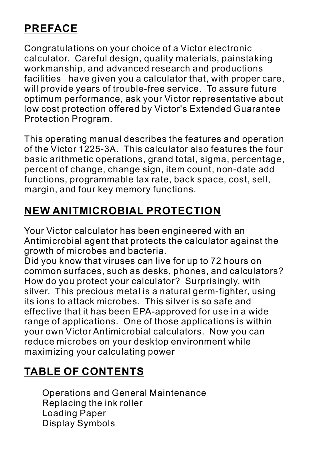 Victor 1225-3A manual Preface, NEW Anitmicrobial Protection, Table of Contents 