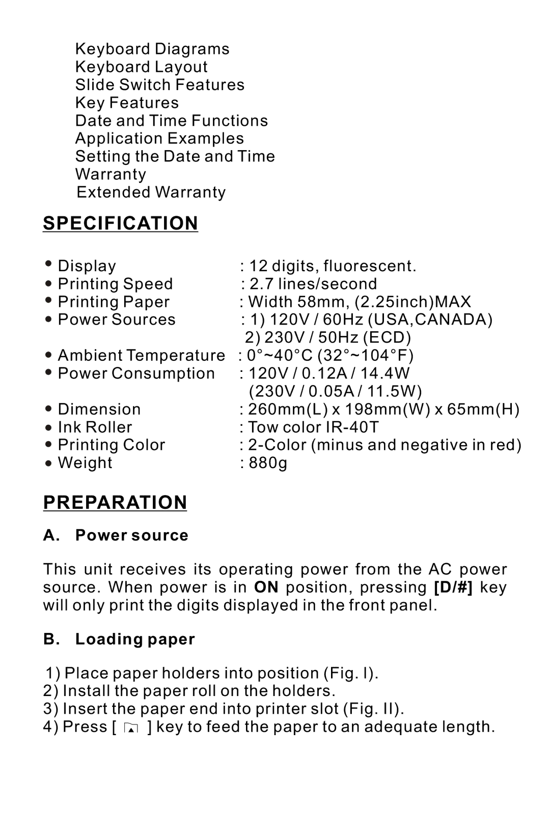 Victor 1225-3A manual Specification, Preparation, Power source, Loading paper 