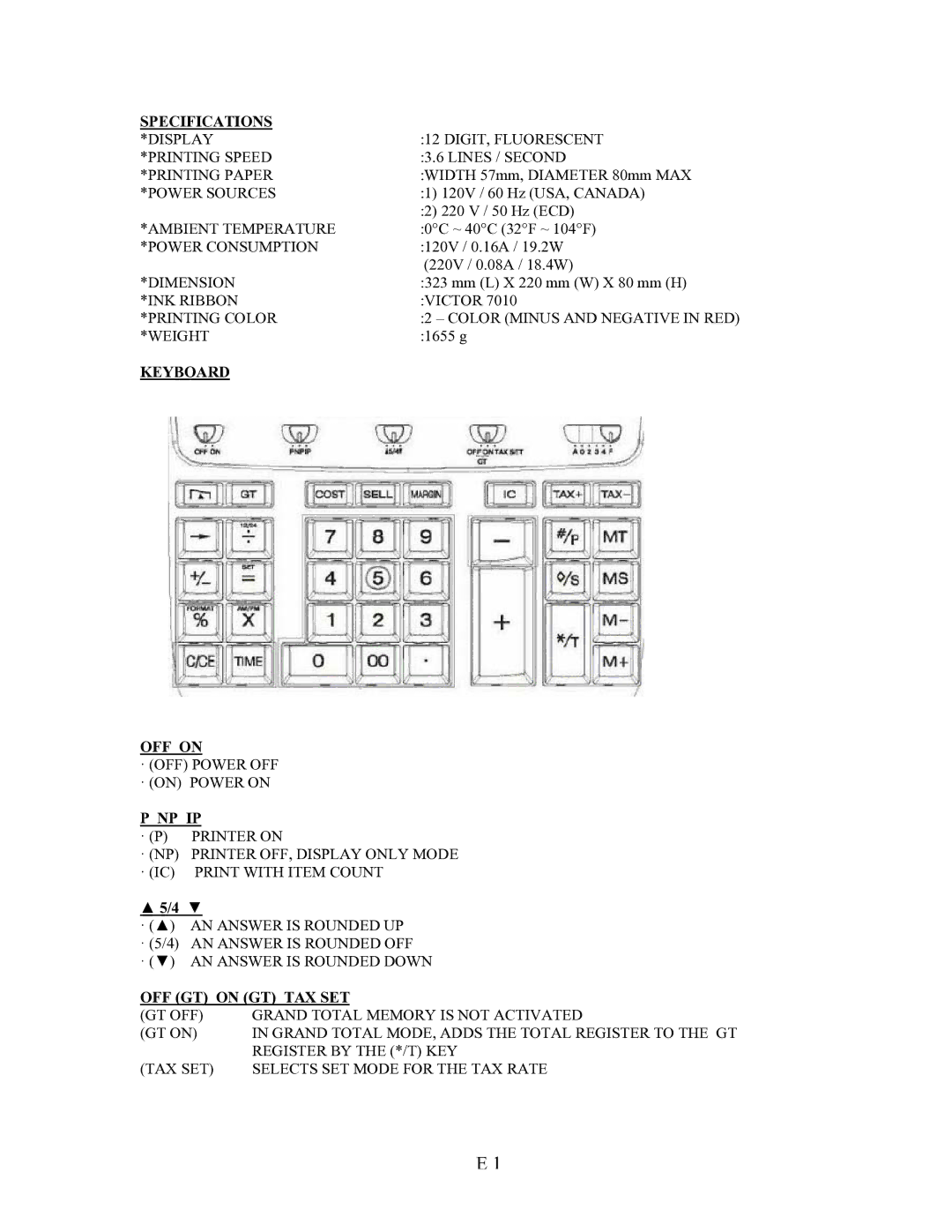 Victor 1230-4 instruction manual Specifications, Keyboard OFF on, Np Ip, OFF GT on GT TAX SET 