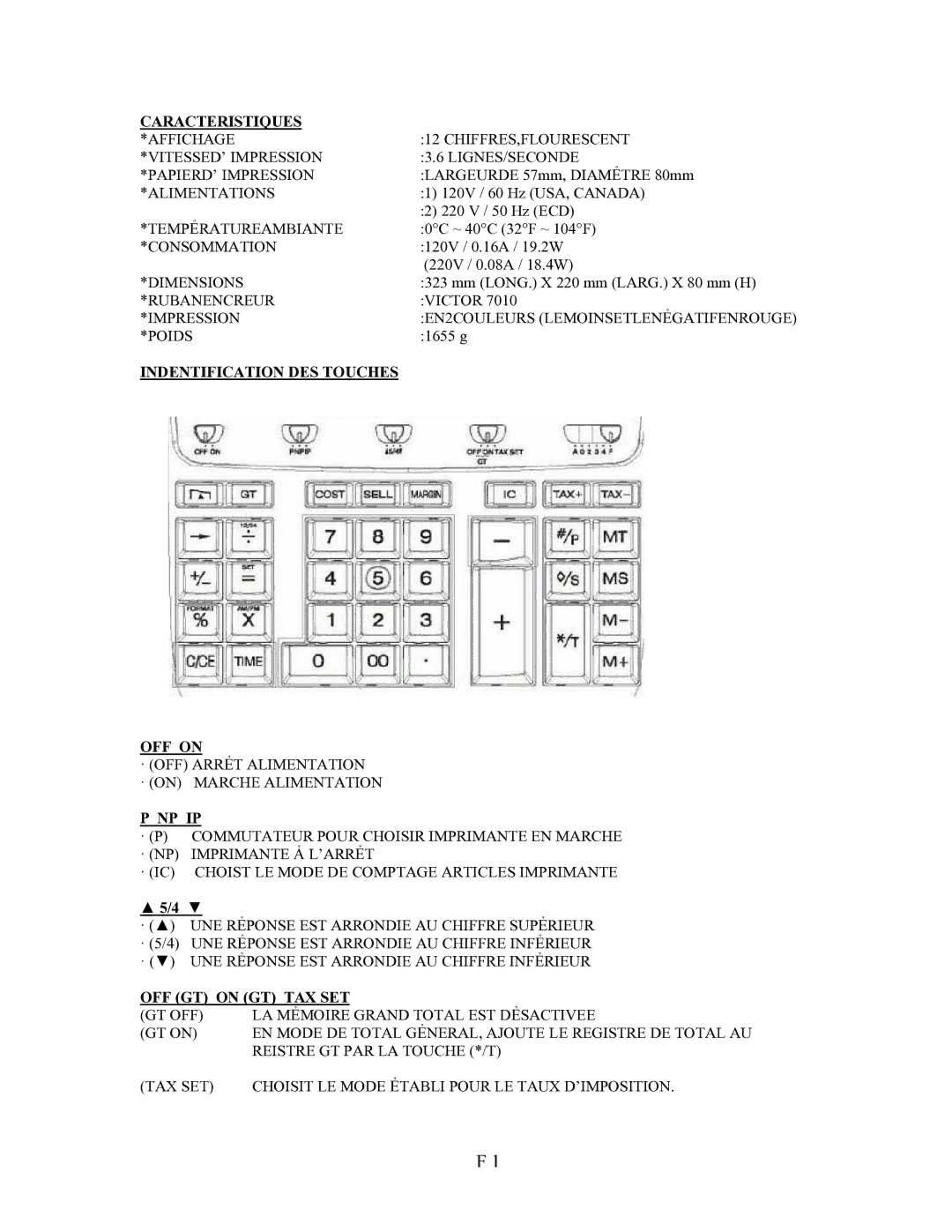 Victor 1230-4 instruction manual Caracteristiques, Indentification DES Touches OFF on 