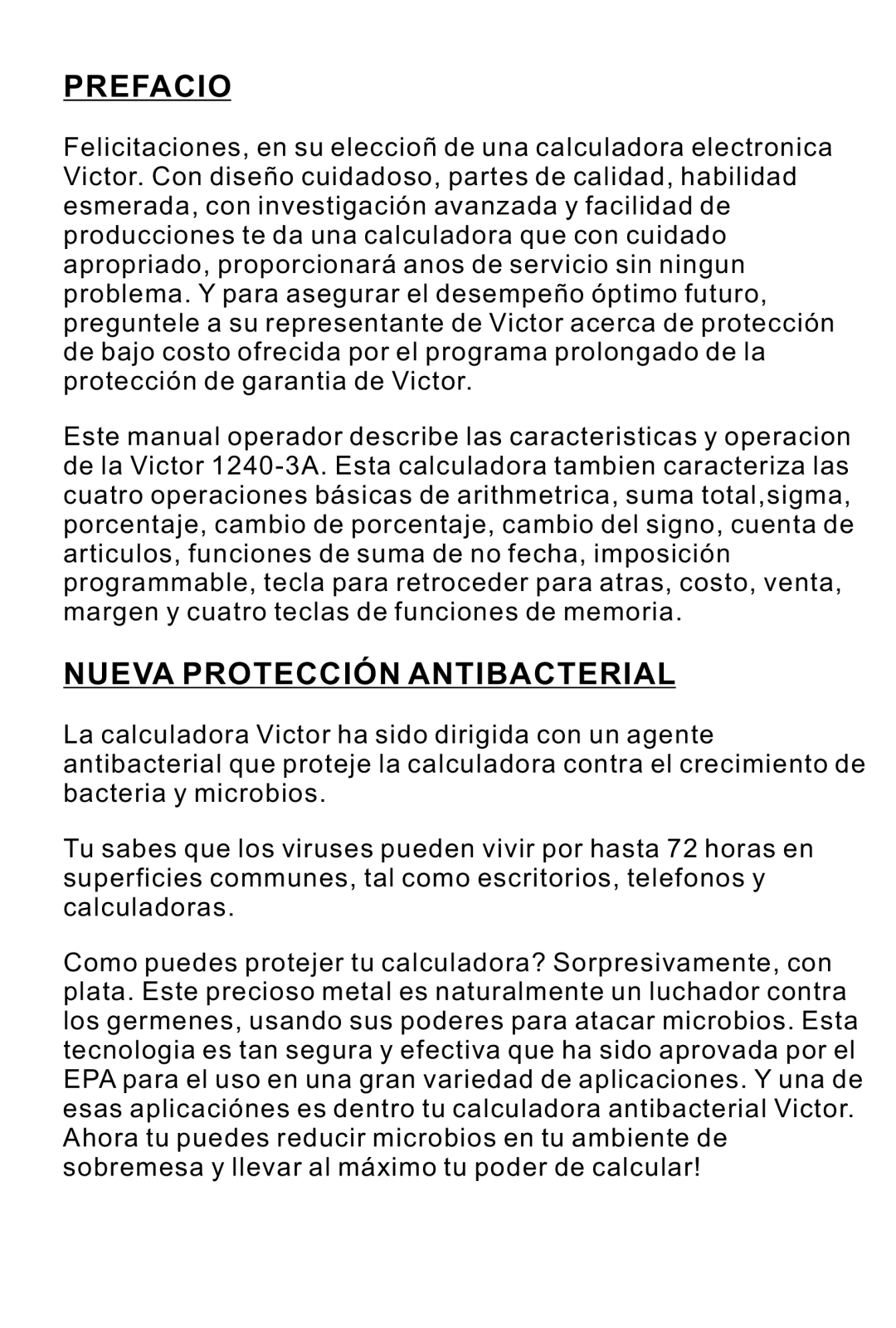 Victor 1240-3A instruction manual Prefacio, Nueva Protección Antibacterial 