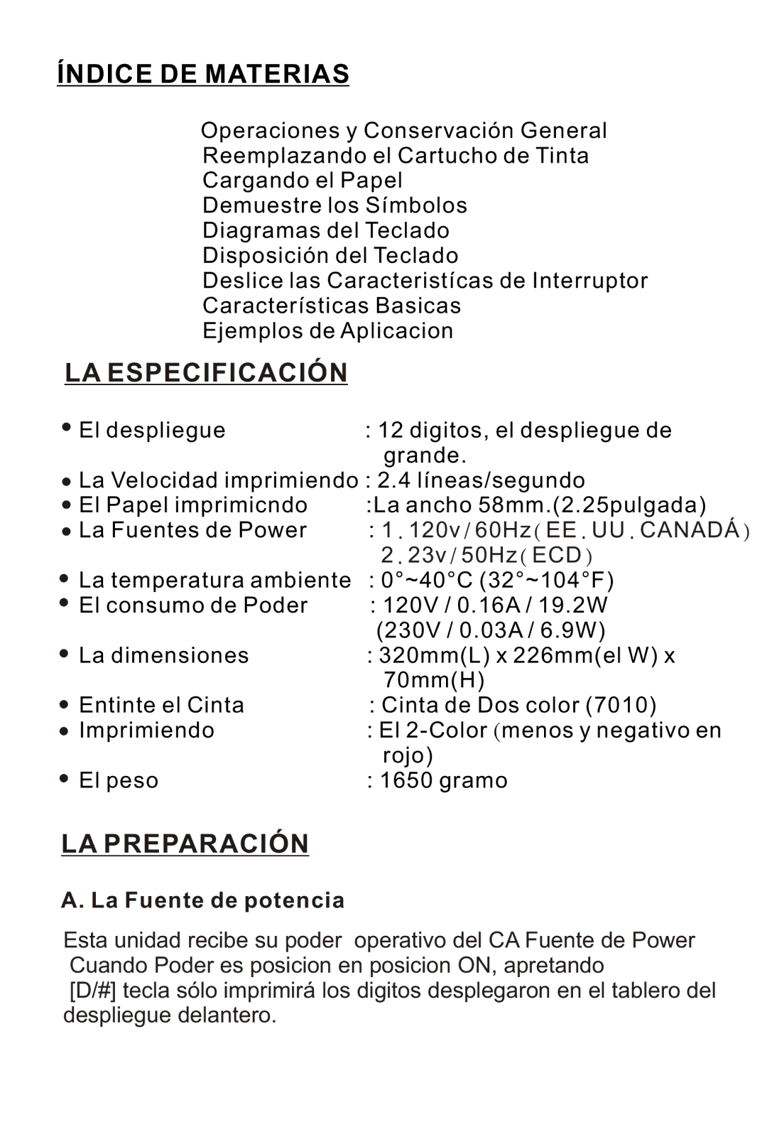 Victor 1240-3A instruction manual Índice DE Materias, LA Especificación, LA Preparación, La Fuente de potencia 