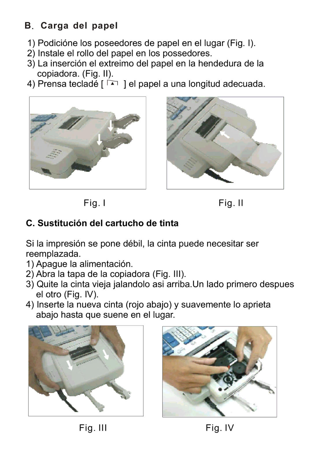 Victor 1240-3A instruction manual Carga del papel, Sustitución del cartucho de tinta 