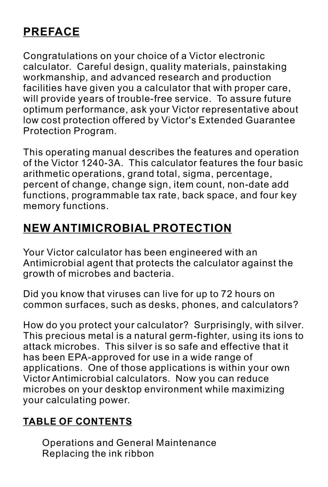 Victor 1240-3A instruction manual Preface, NEW Antimicrobial Protection 