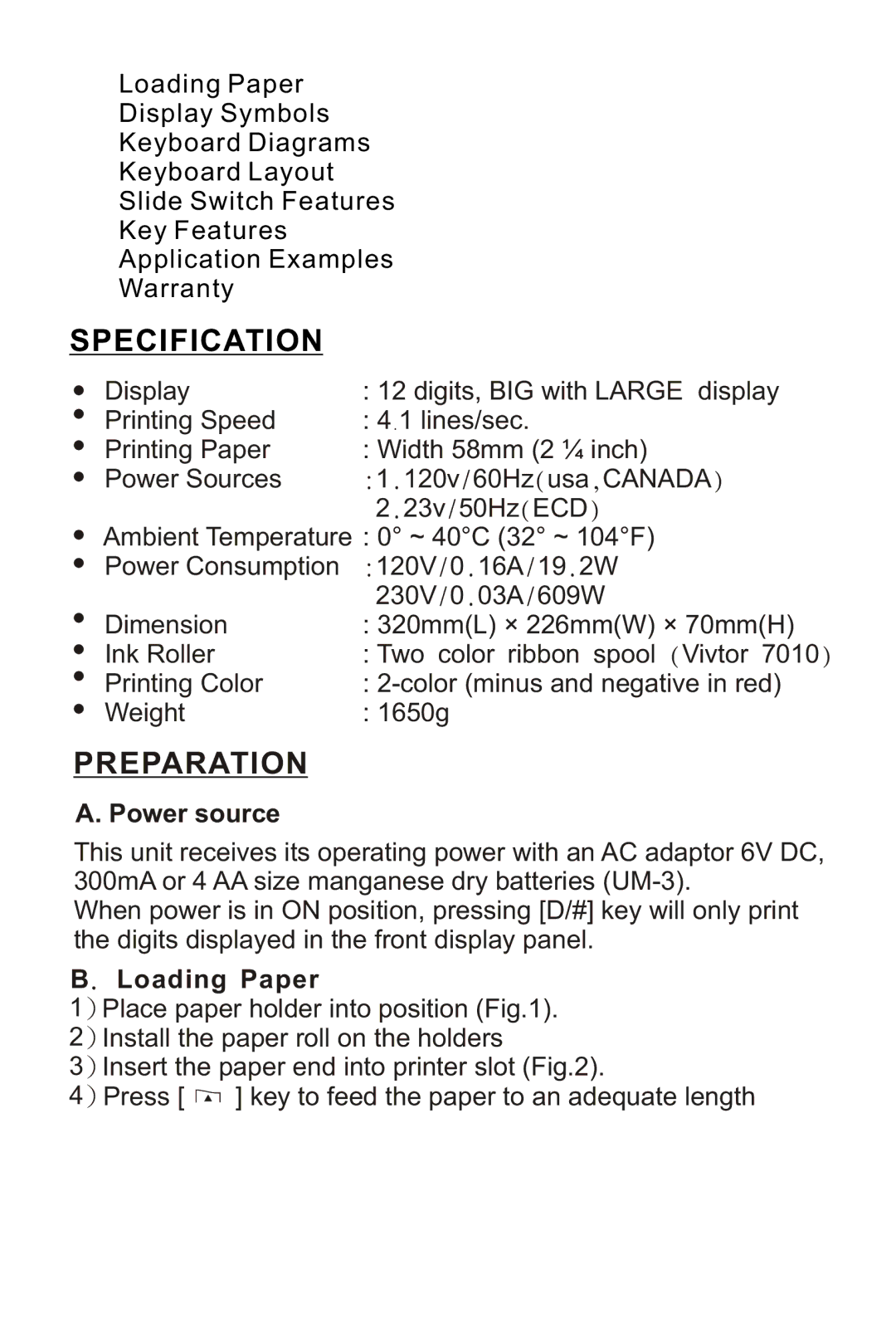 Victor 1240-3A instruction manual Specification, Preparation, Power source, Loading Paper 