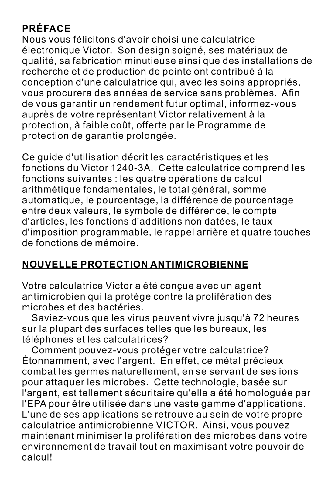 Victor 1240-3A instruction manual Préface 