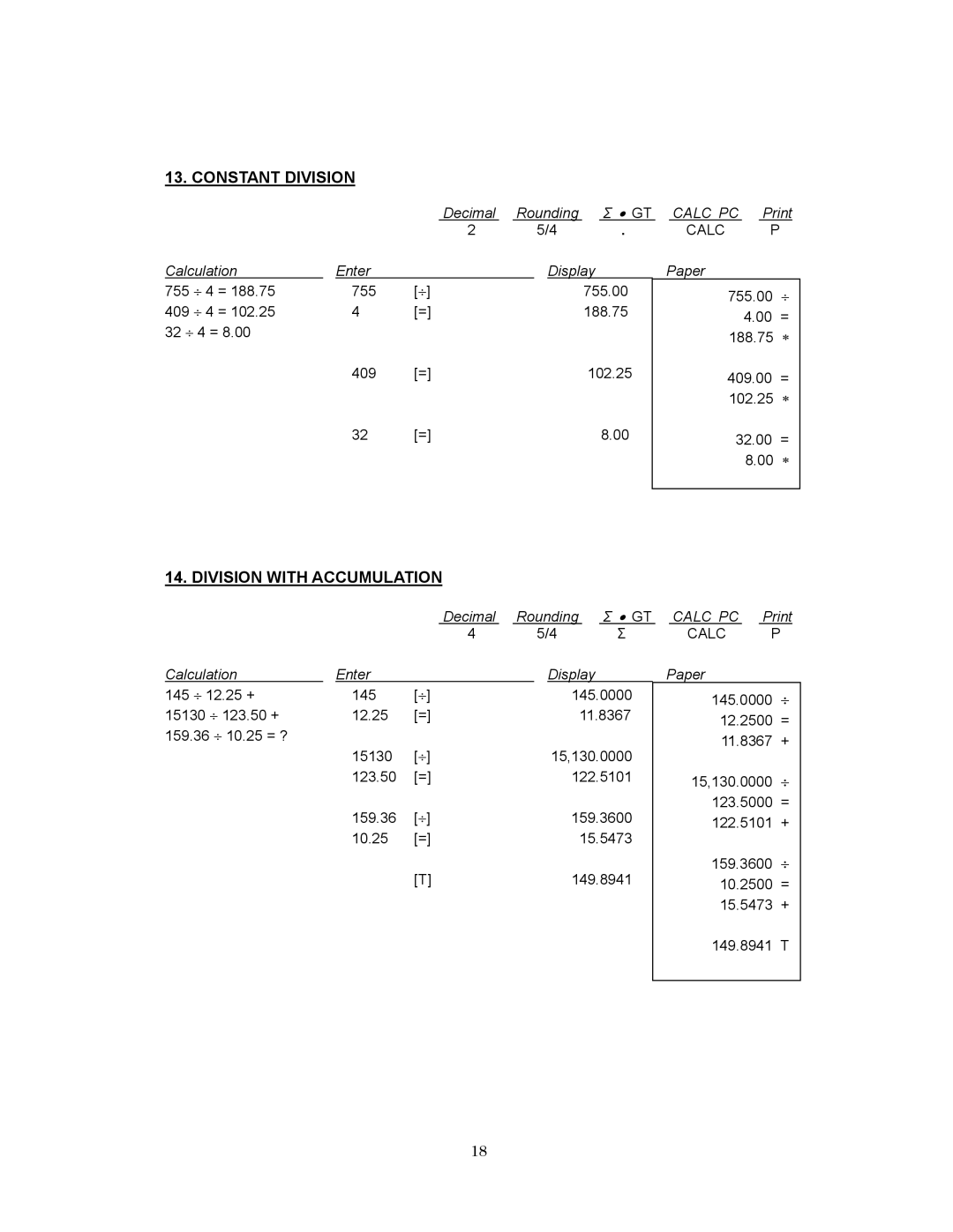 Victor 1280-7 USB manual Constant Division, Division with Accumulation 