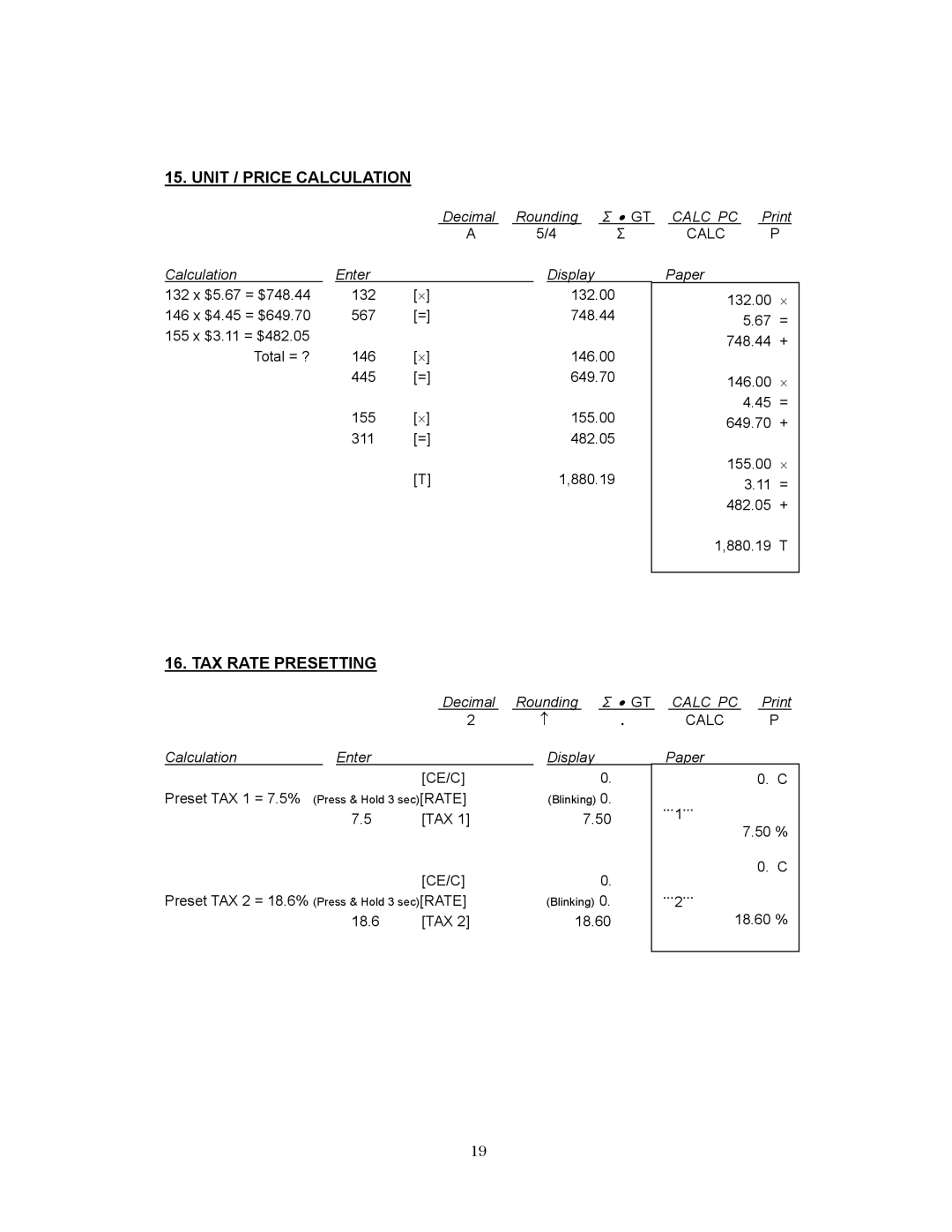 Victor 1280-7 USB manual Unit / Price Calculation, TAX Rate Presetting 