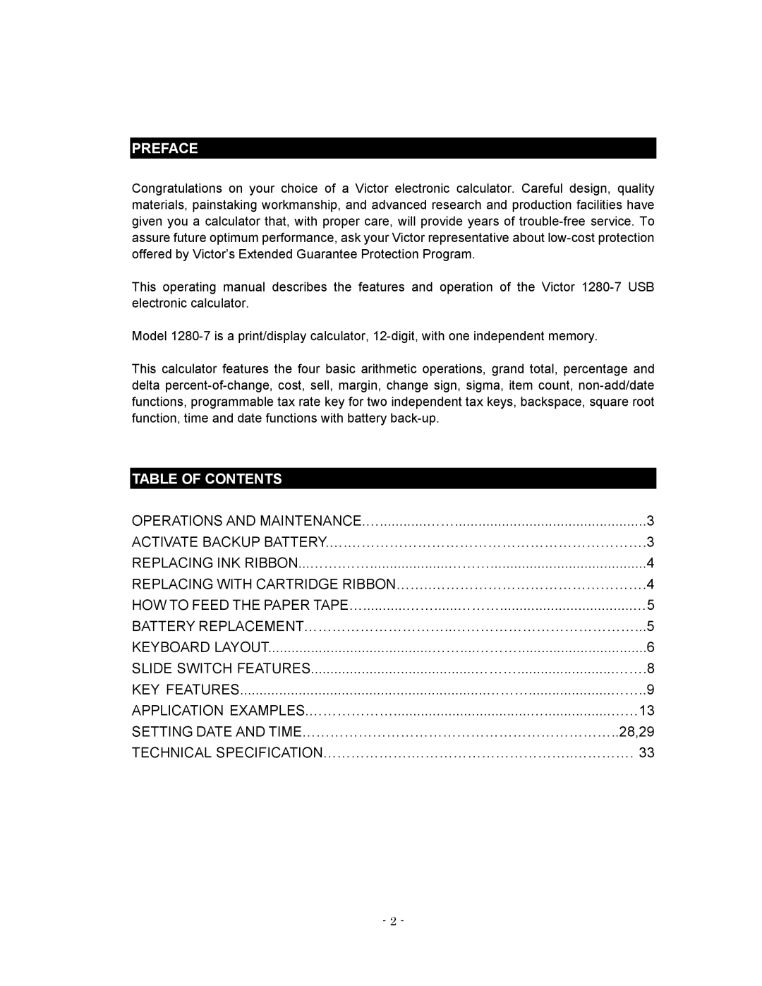 Victor 1280-7 USB manual Preface, Table of Contents 