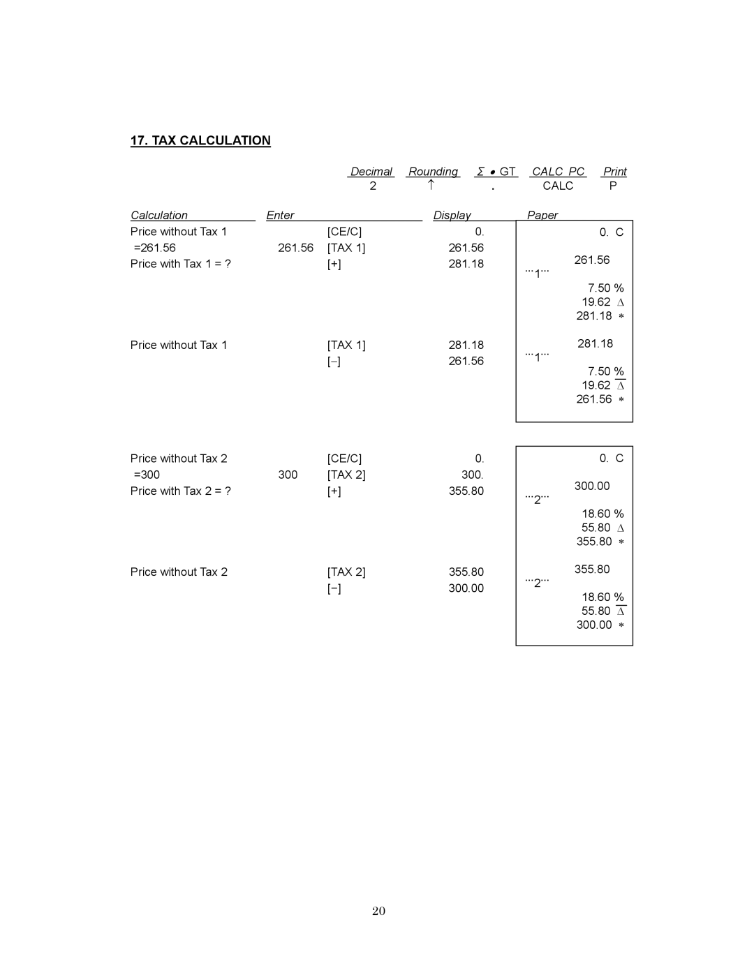 Victor 1280-7 USB manual TAX Calculation 