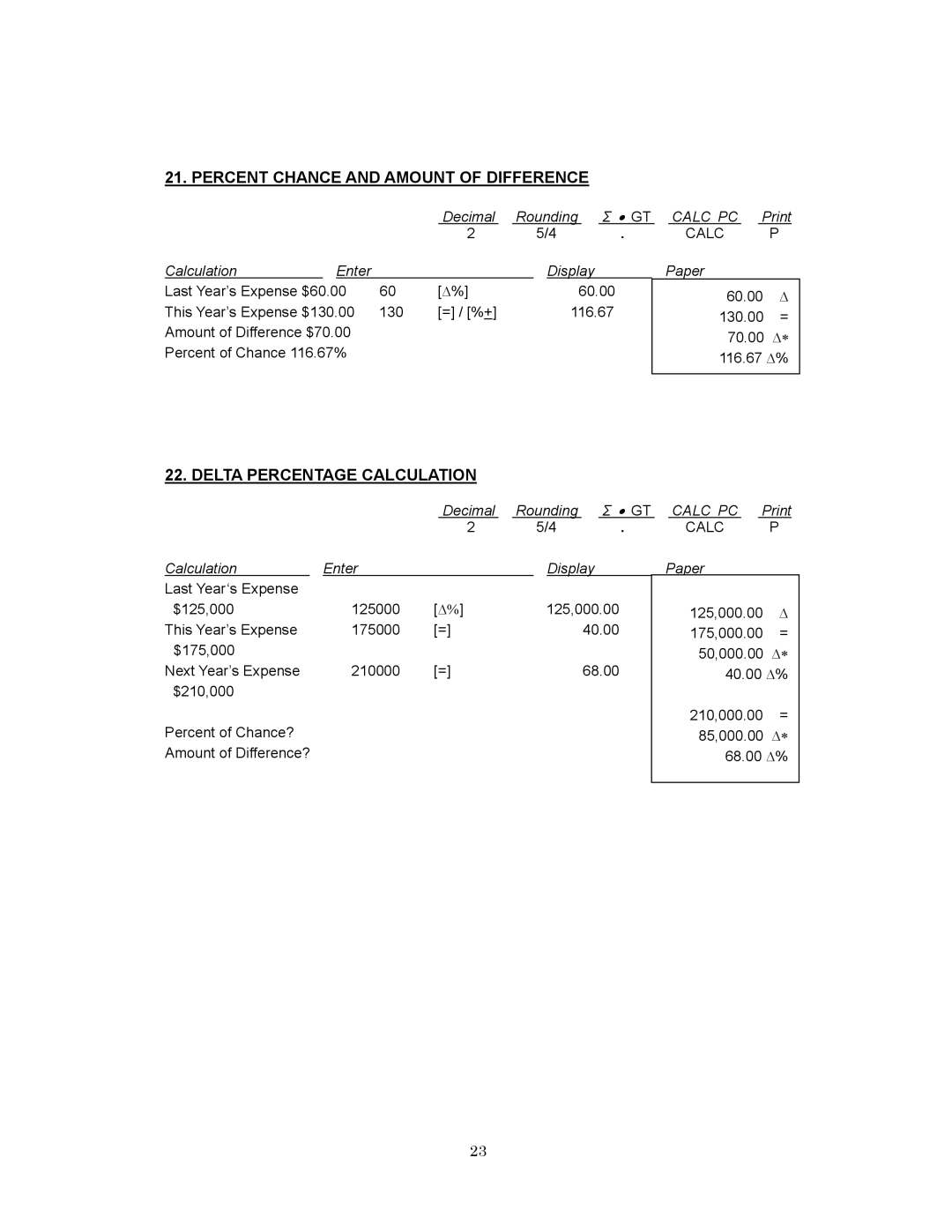 Victor 1280-7 USB manual Percent Chance and Amount of Difference, Delta Percentage Calculation 