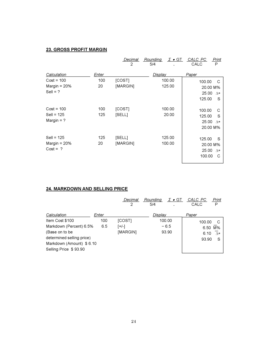 Victor 1280-7 USB manual Gross Profit Margin, Markdown and Selling Price 