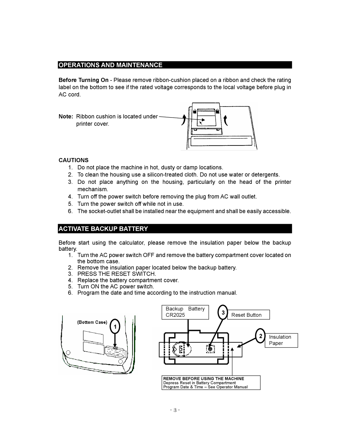 Victor 1280-7 USB manual Operations and Maintenance, Activate Backup Battery 