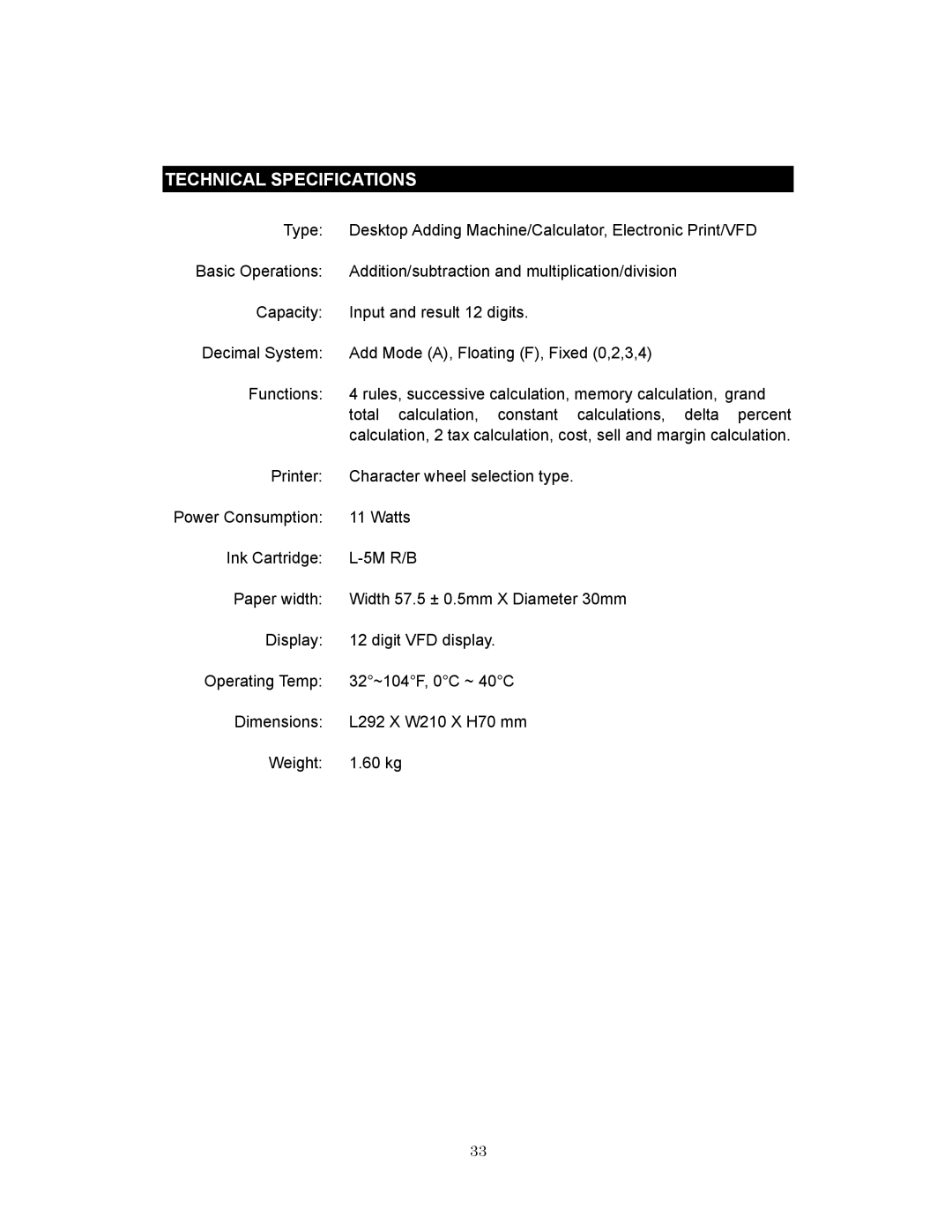 Victor 1280-7 USB manual Technical Specifications 