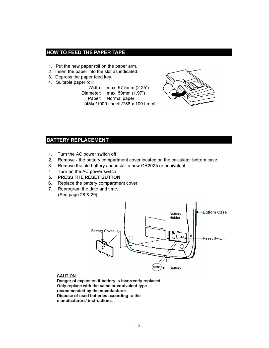 Victor 1280-7 USB manual HOW to Feed the Paper Tape, Battery Replacement, Press the Reset Button 