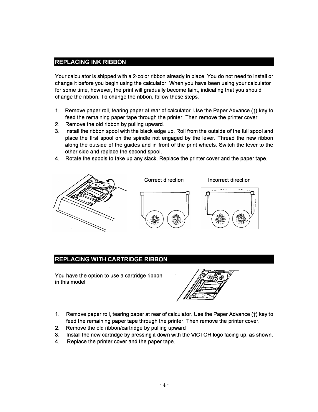 Victor 1280-7 USB manual Replacing Ink Ribbon, Replacing With Cartridge Ribbon 