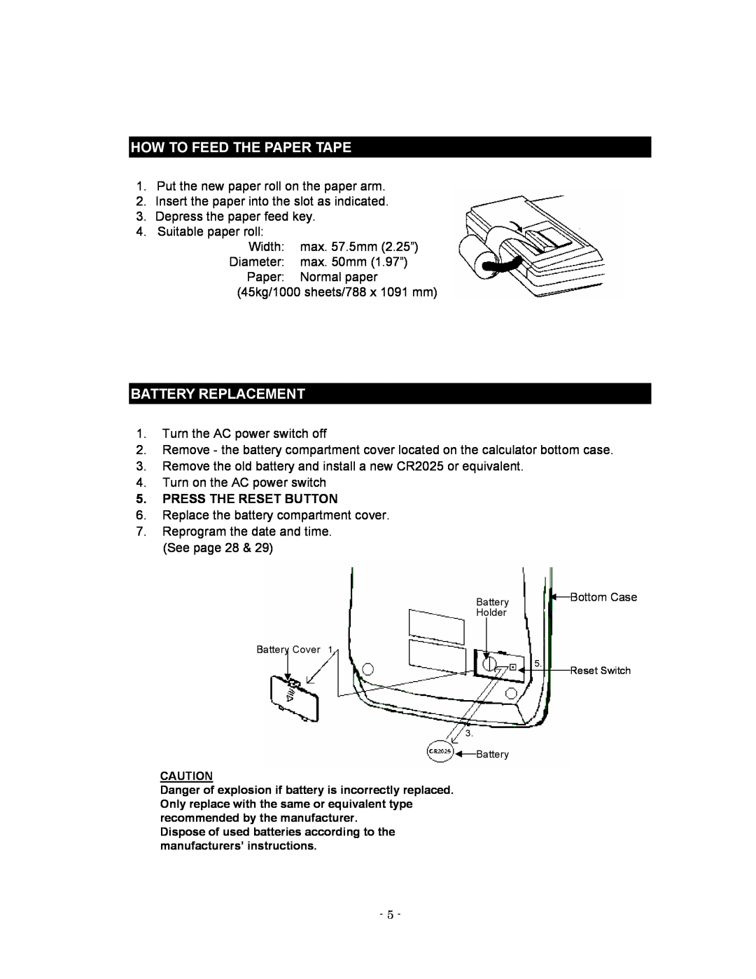 Victor 1280-7 USB manual How To Feed The Paper Tape, Battery Replacement, Press The Reset Button 