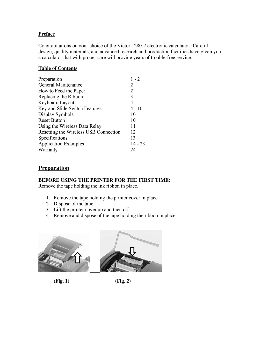 Victor 1280-7 specifications Preparation, Preface, Table of Contents 