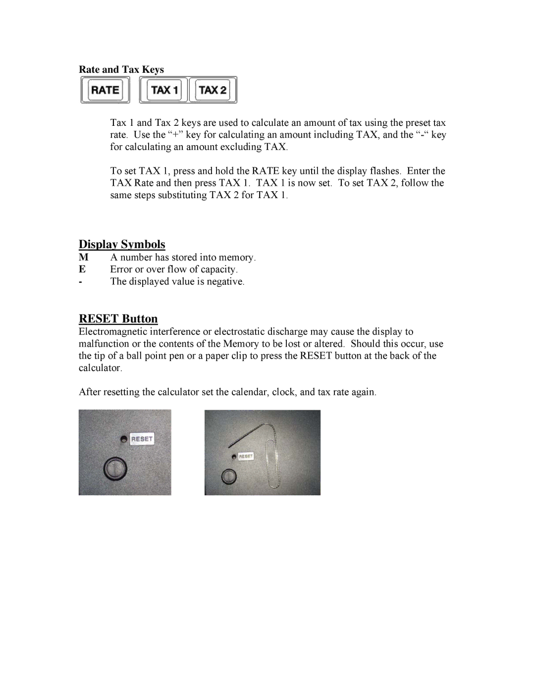 Victor 1280-7 specifications Display Symbols, Reset Button, Rate and Tax Keys 