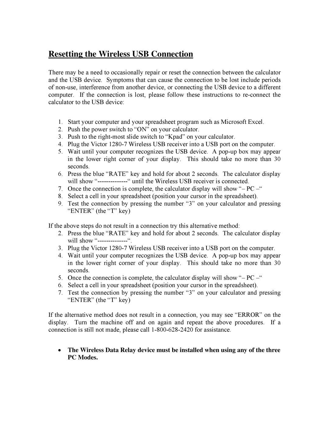 Victor 1280-7 specifications Resetting the Wireless USB Connection 