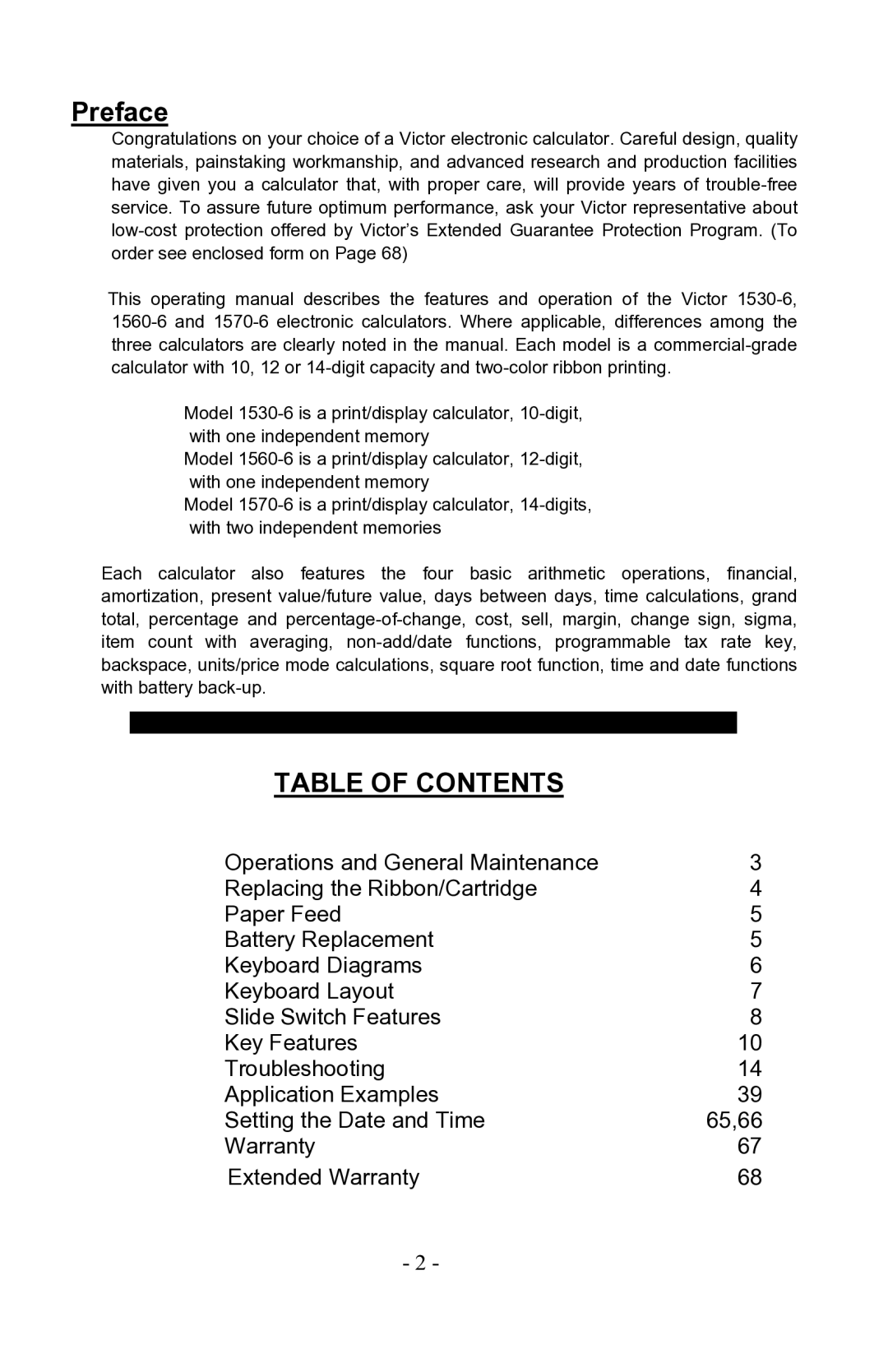 Victor 1570-6, 1530-6, 1560-6 manual Table of Contents 