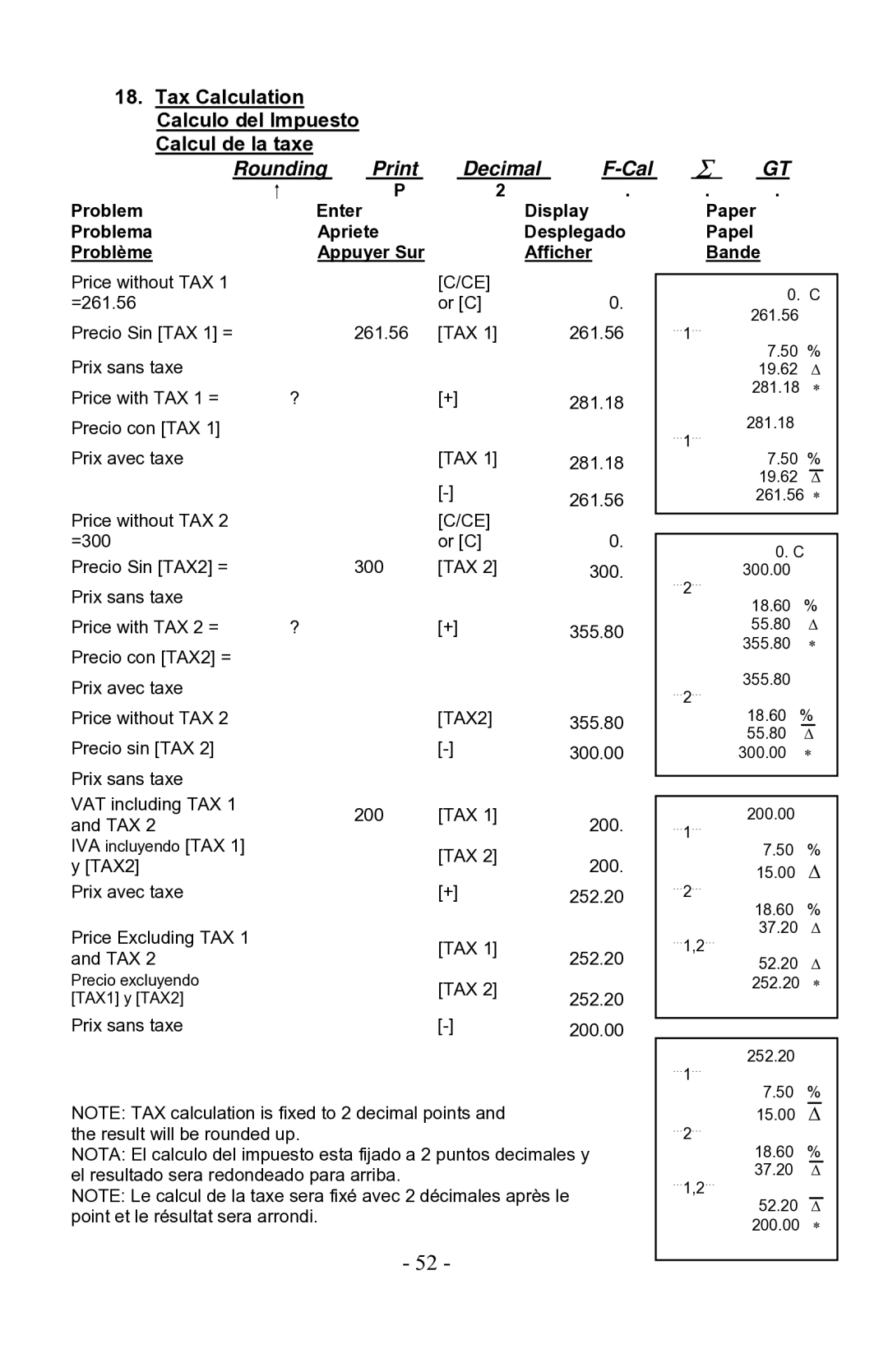 Victor 1530-6, 1560-6, 1570-6 manual Tax Calculation Calculo del Impuesto Calcul de la taxe 