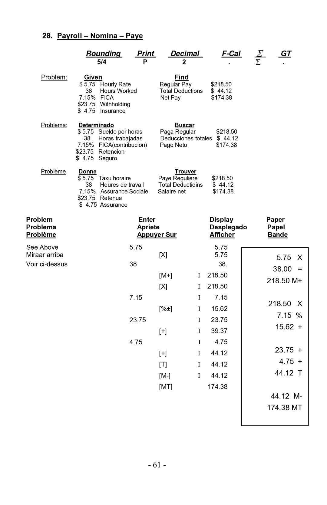 Victor 1530-6, 1560-6, 1570-6 manual Payroll Nomina Paye, Given Find 