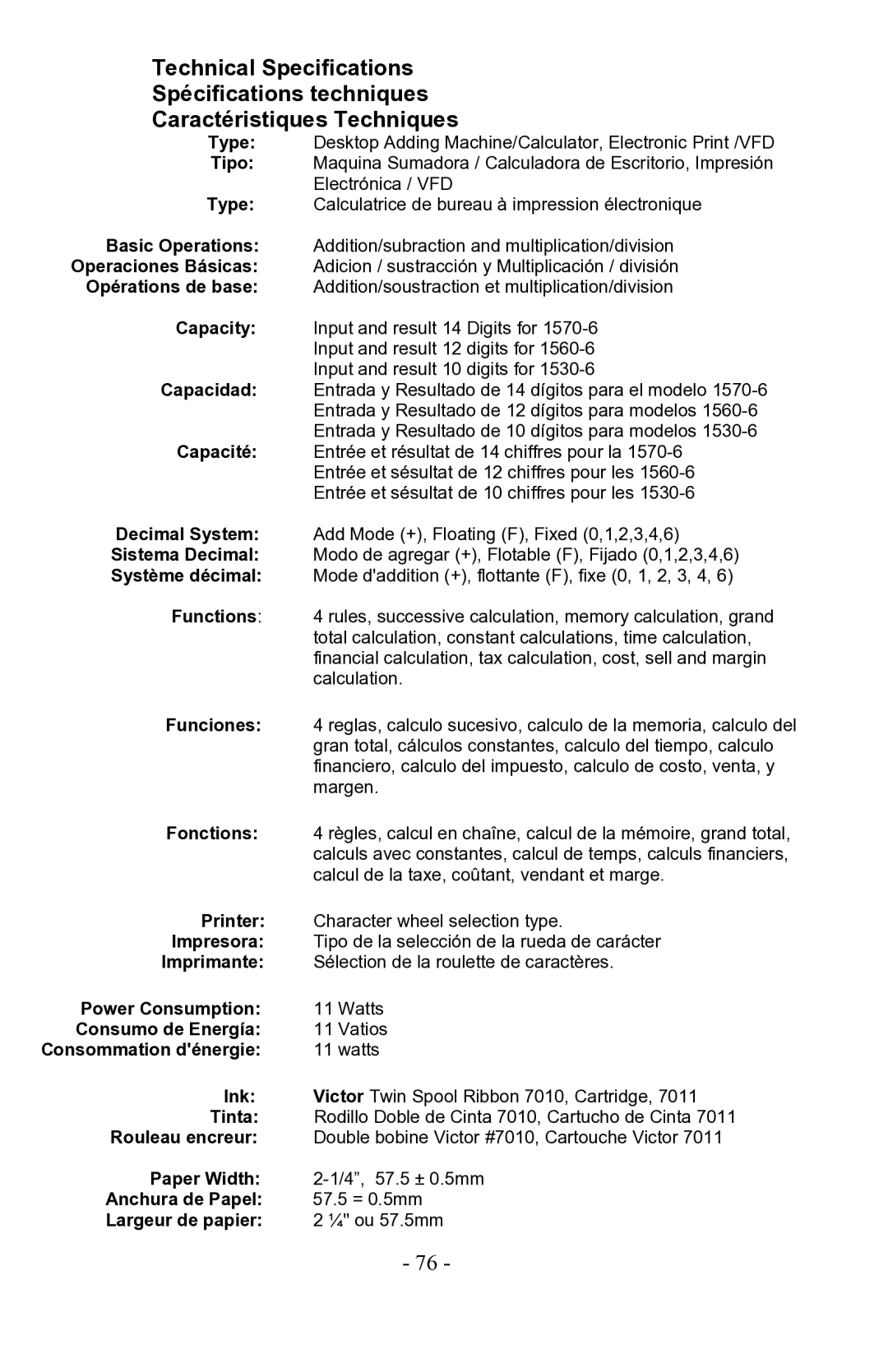 Victor 1530-6 Basic Operations, Operaciones Básicas, Opérations de base, Capacity, Capacidad, Capacité, Decimal System 