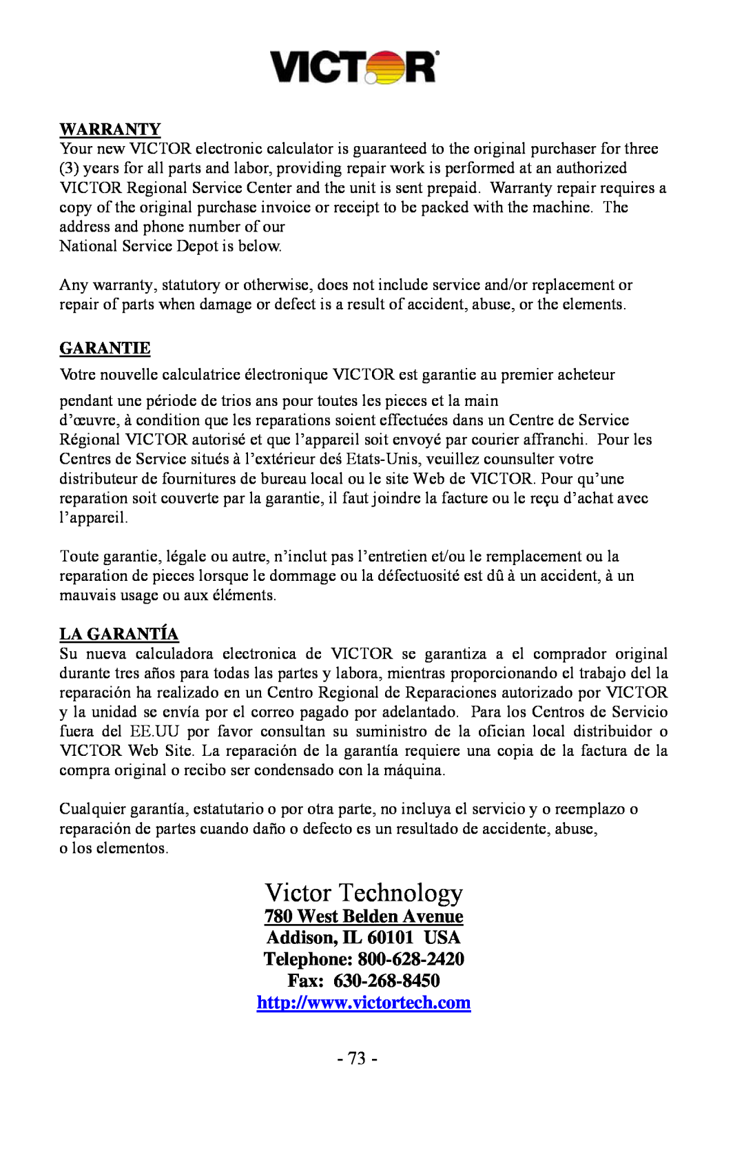 Victor 1530-6, 1560-6, 1570-6 manual Victor Technology, Warranty, Garantie, La Garantía 