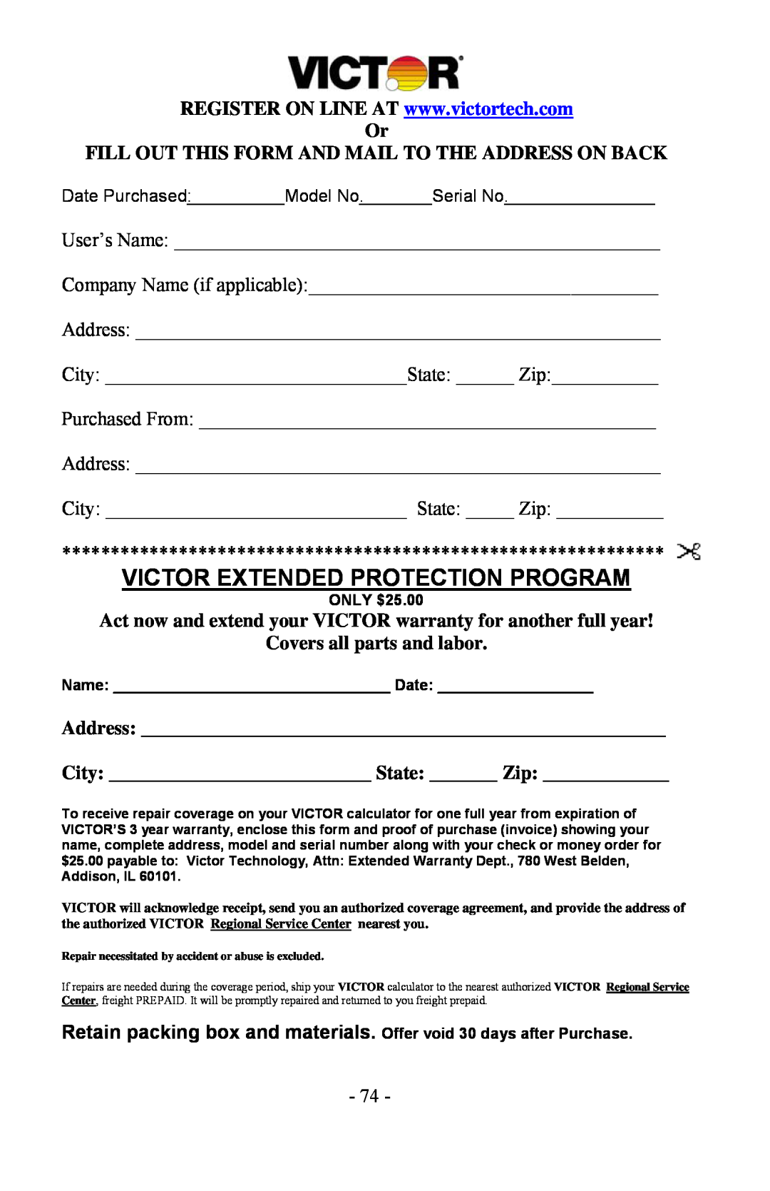 Victor 1560-6, 1530-6, 1570-6 manual Victor Extended Protection Program, Covers all parts and labor 