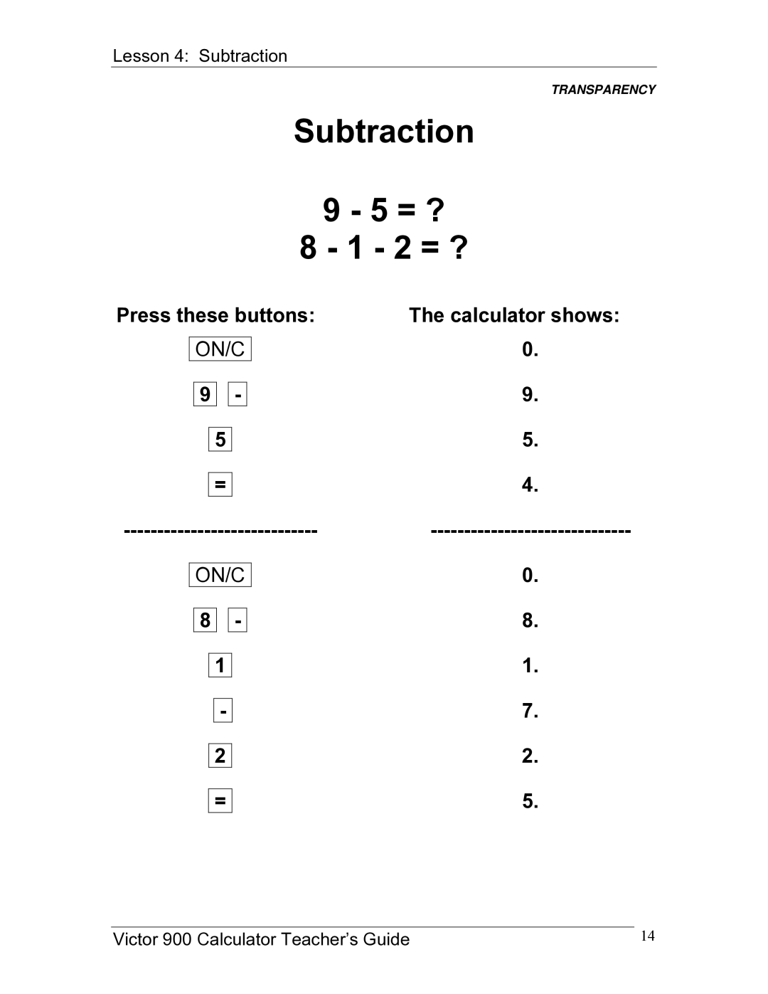 Victor 900 manual Subtraction = ? 2 = ?, Press these buttons Calculator shows 