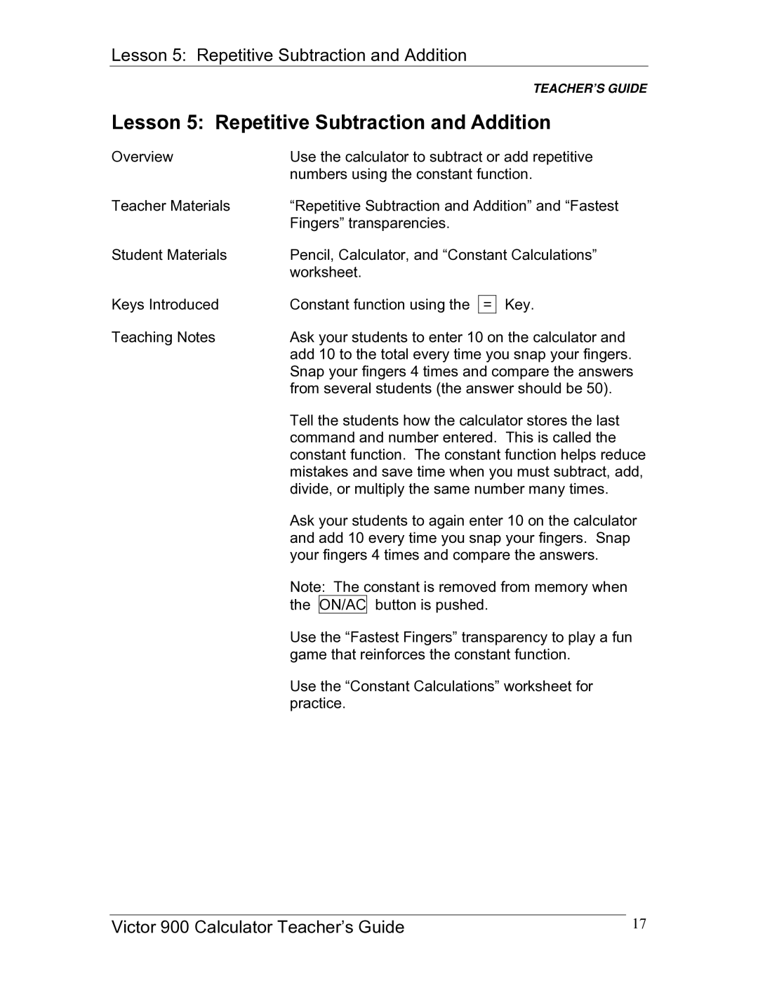 Victor 900 manual Lesson 5 Repetitive Subtraction and Addition 