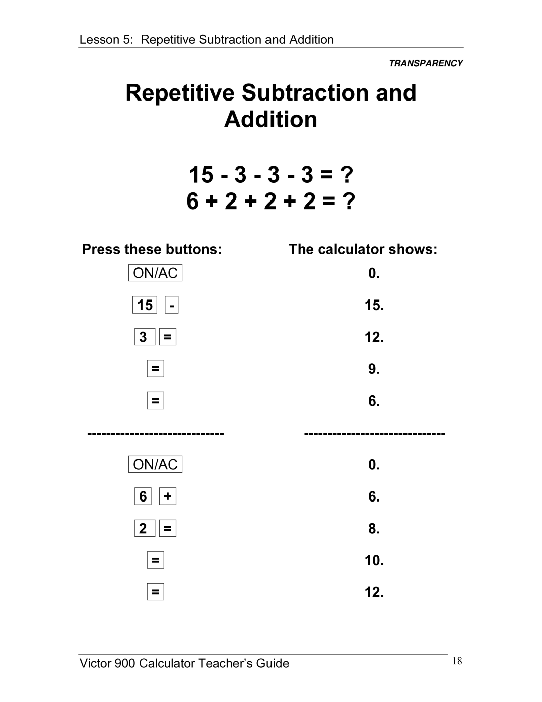 Victor 900 manual Repetitive Subtraction Addition 15 3 3 3 = ? + 2 + 2 + 2 = ? 