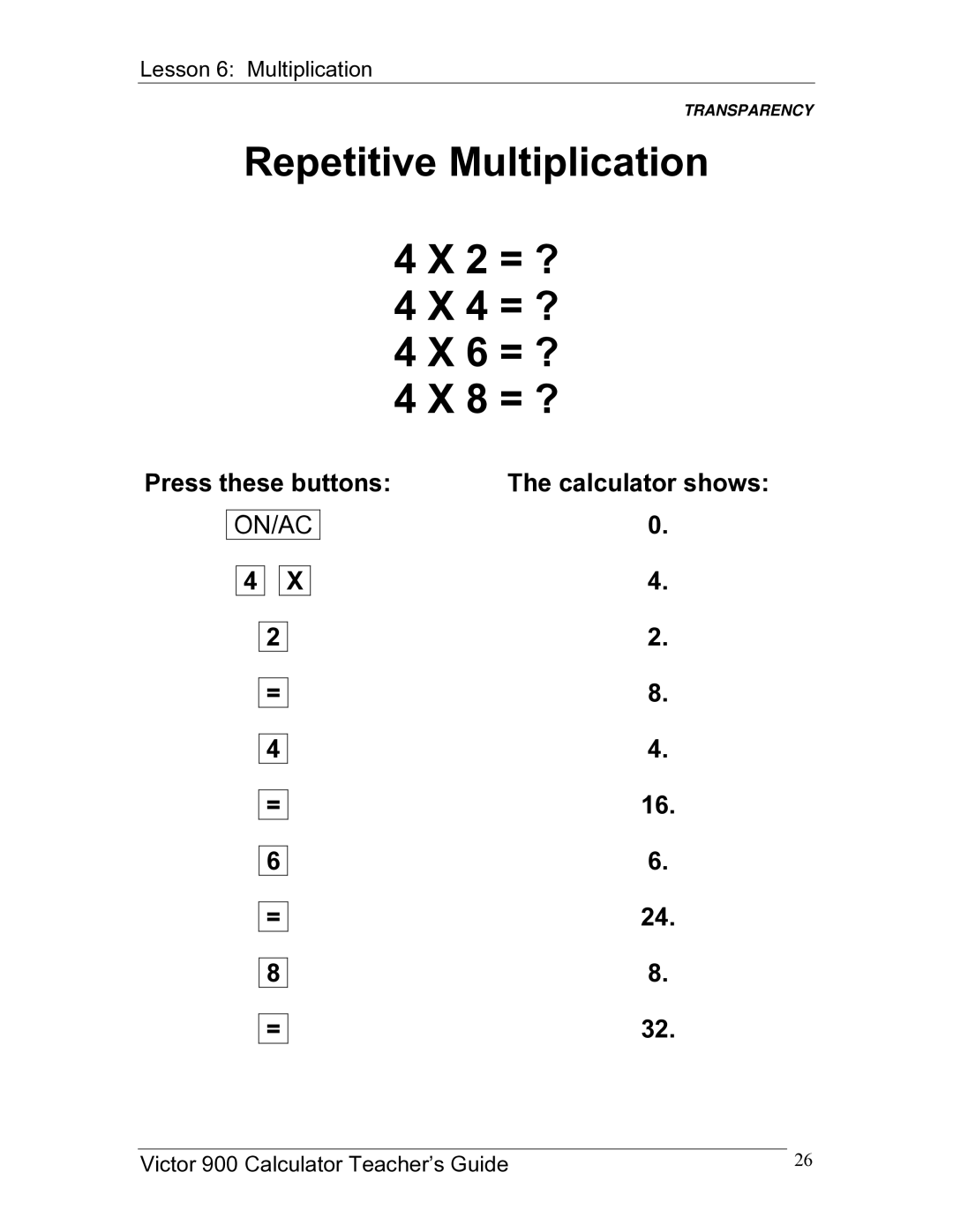 Victor 900 manual Repetitive Multiplication 2 = ? 4 = ? 6 = ? 8 = ? 