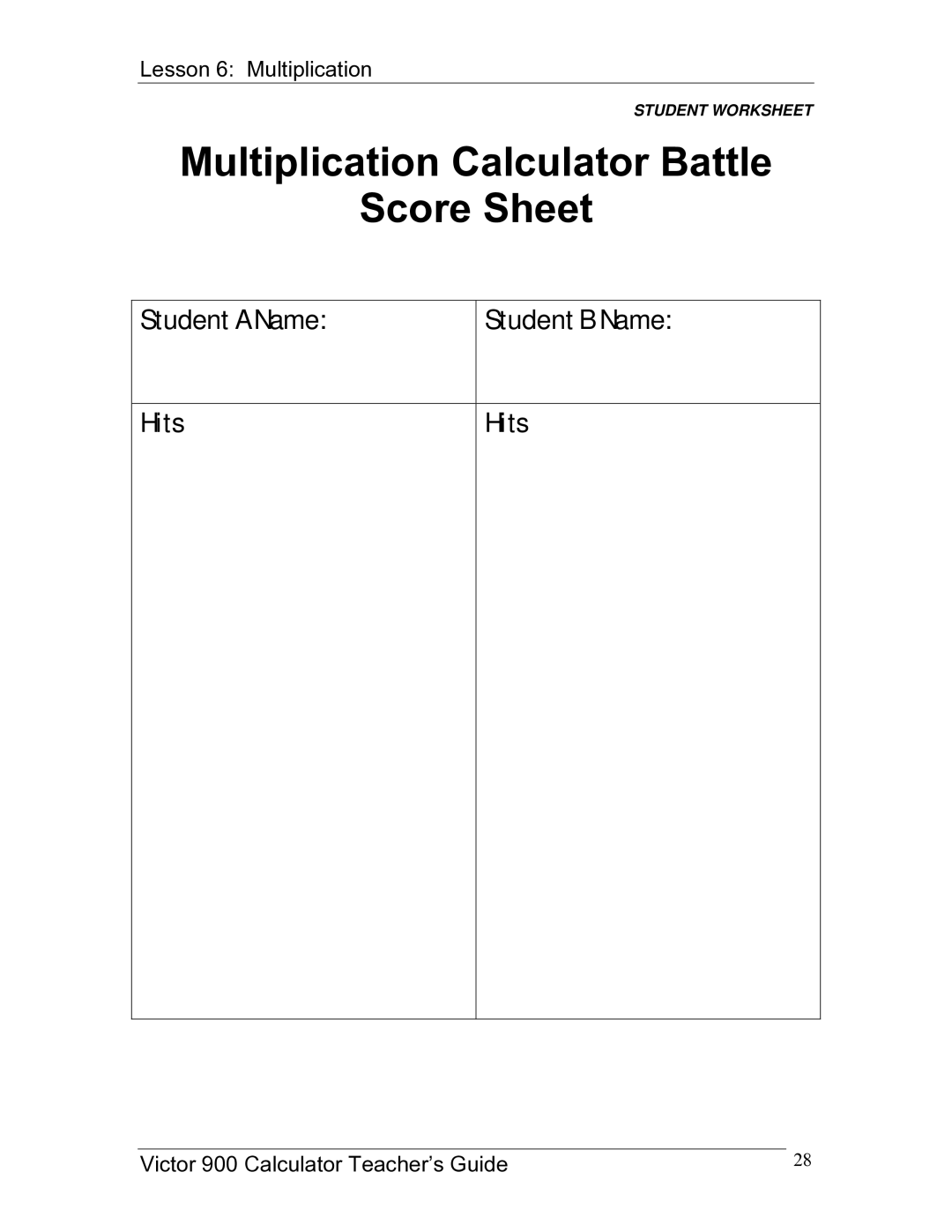 Victor 900 manual Multiplication Calculator Battle Score Sheet 