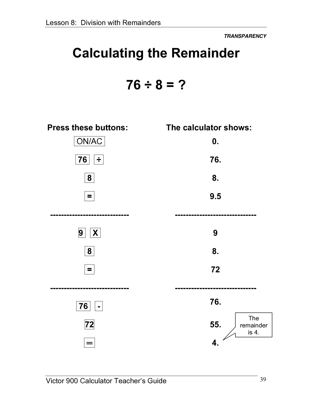 Victor 900 manual Calculating the Remainder 76 ÷ 8 = ? 