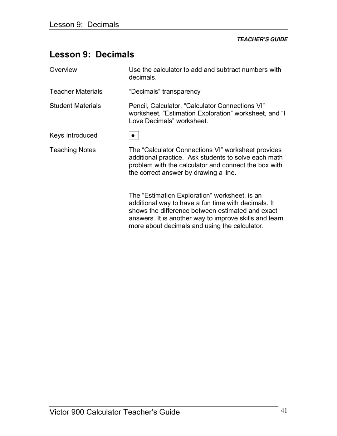 Victor 900 manual Lesson 9 Decimals 