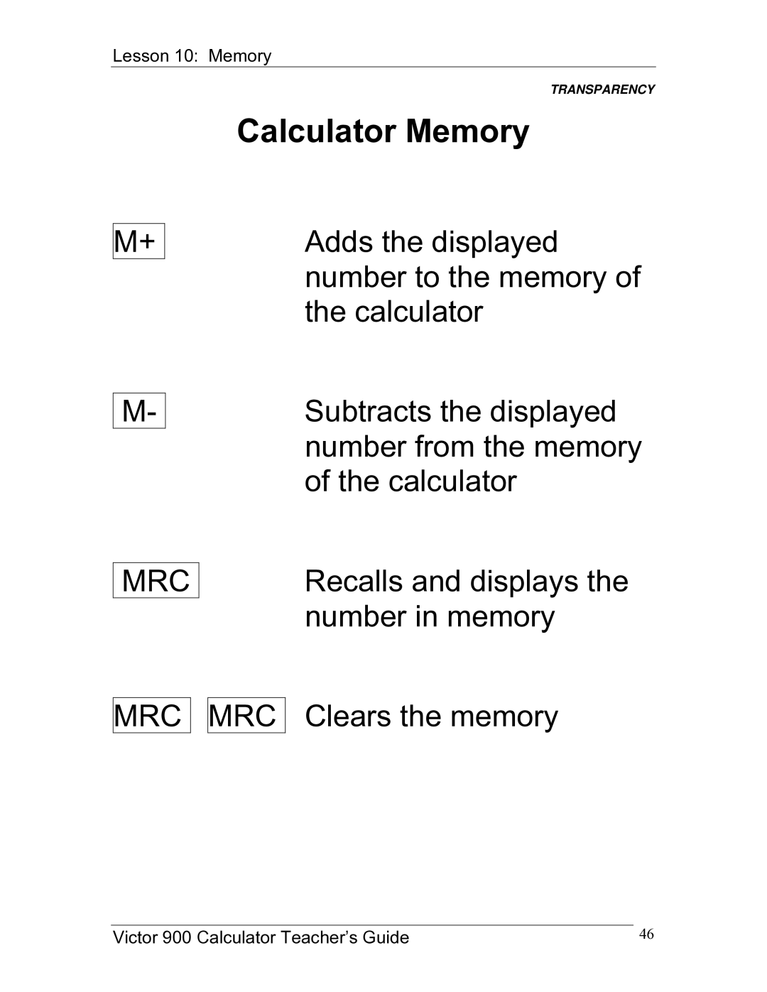 Victor 900 manual Calculator Memory, Mrc 