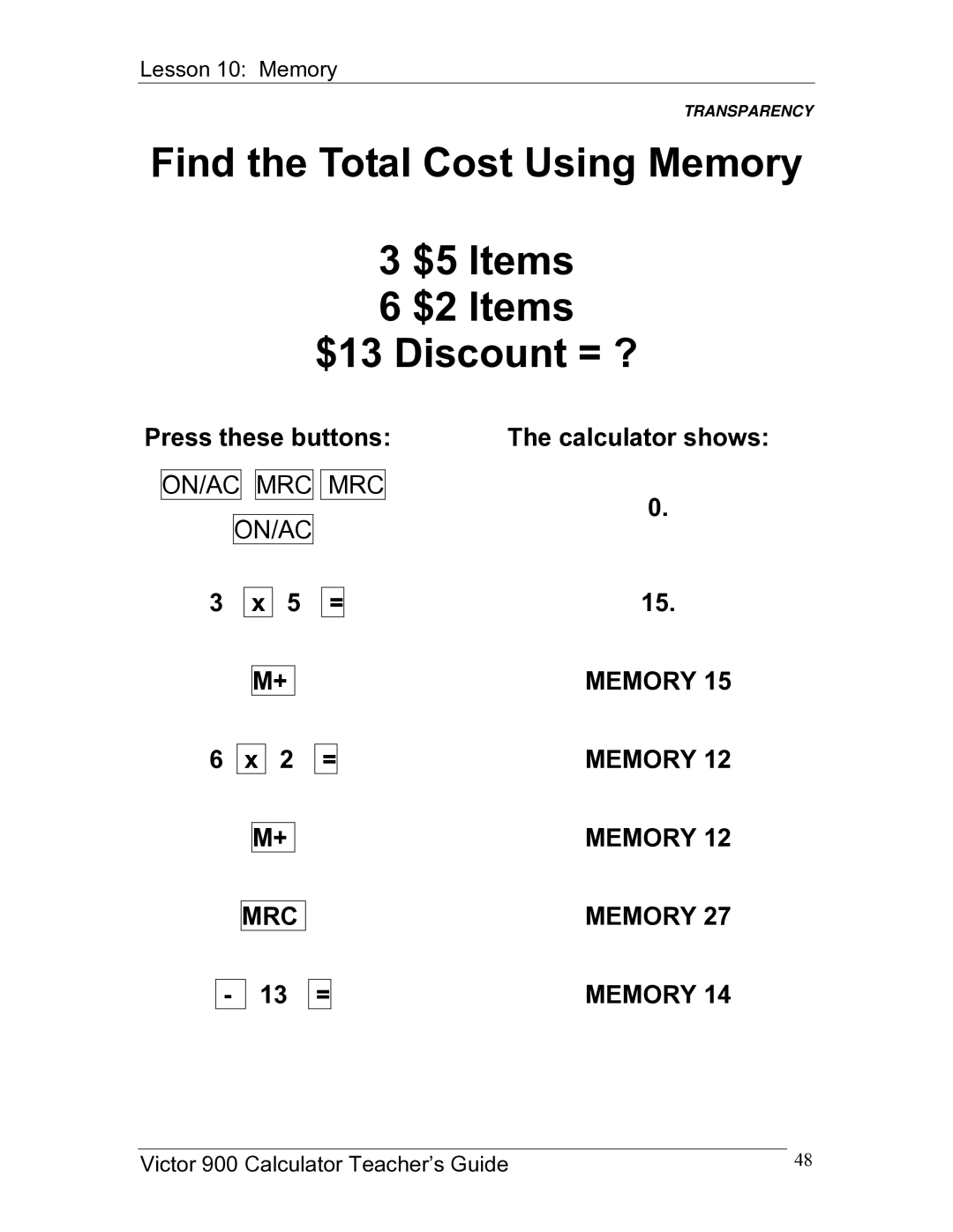 Victor 900 manual Memory MRC 